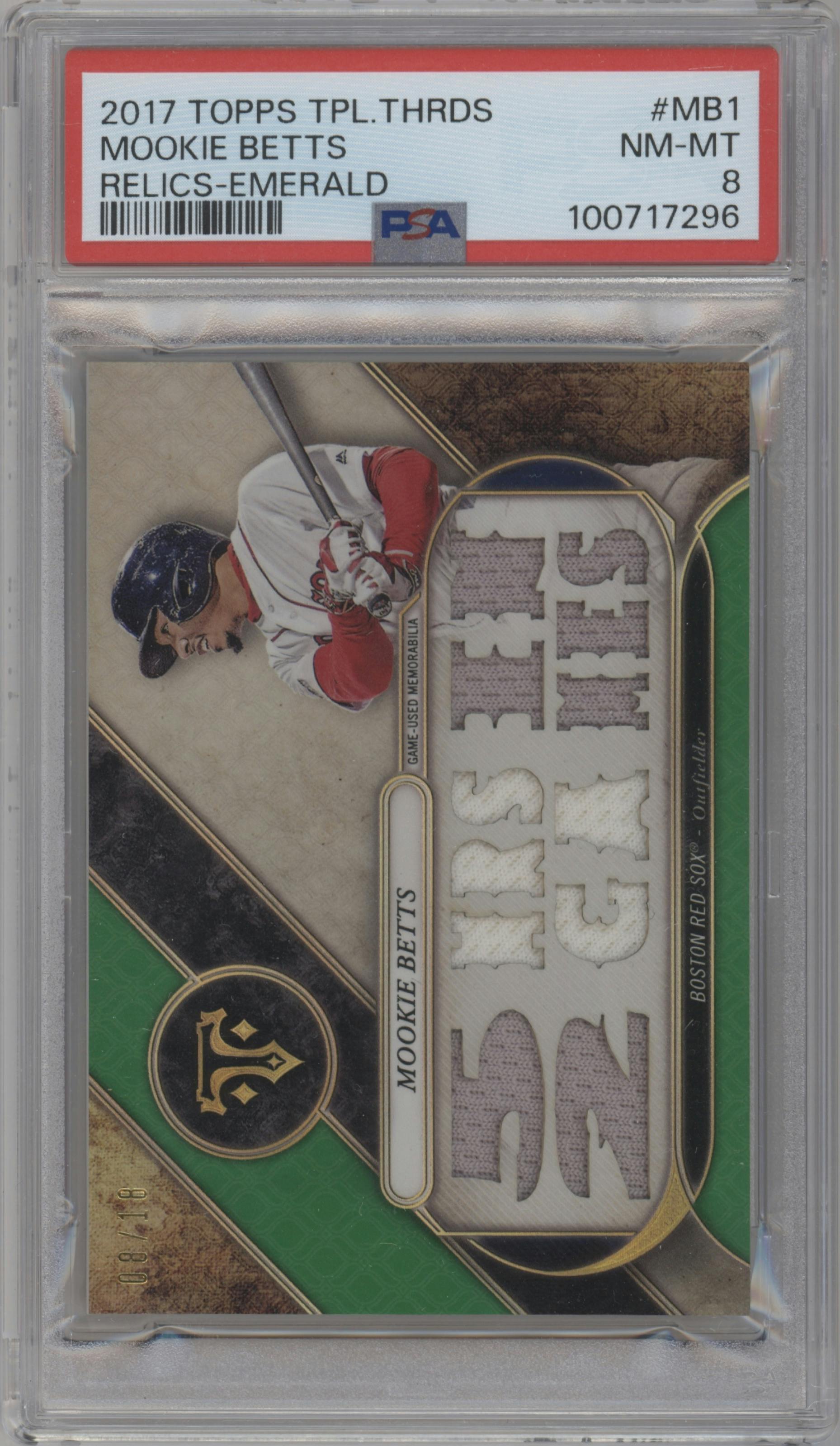 Mookie Betts from the 2017 Topps Triple Threads set featuring a Emerald parallel graded by PSA and given an overall grade of 8.