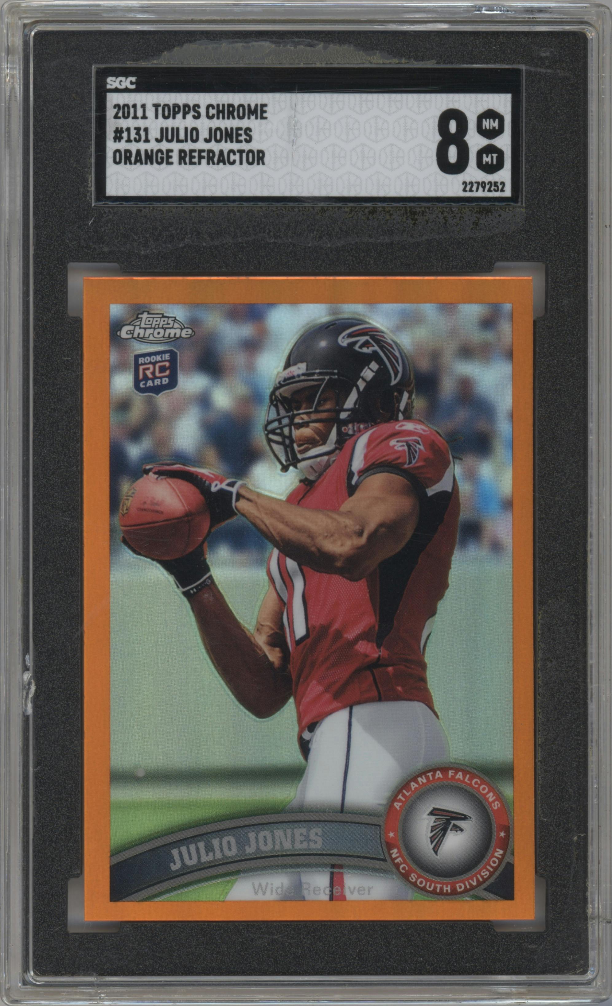 Julio Jones from the 2011 Topps Chrome set featuring a Orange Refractor parallel graded by SGC and given an overall grade of 8.