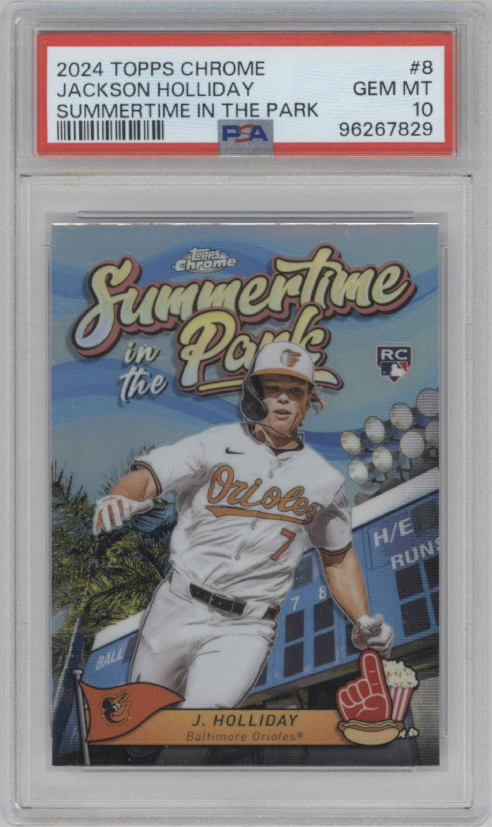Jackson Holliday from the 2024 Topps Chrome set graded by PSA and given an overall grade of 10.