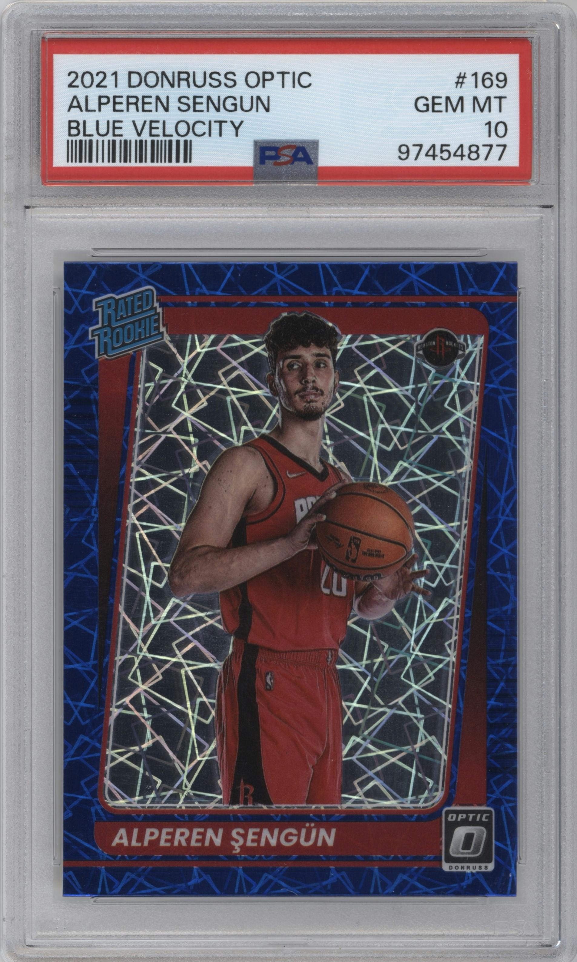 Alperen Sengun from the 2021-22 Panini Donruss Optic set featuring a Blue Velocity parallel graded by PSA and given an overall grade of 10.