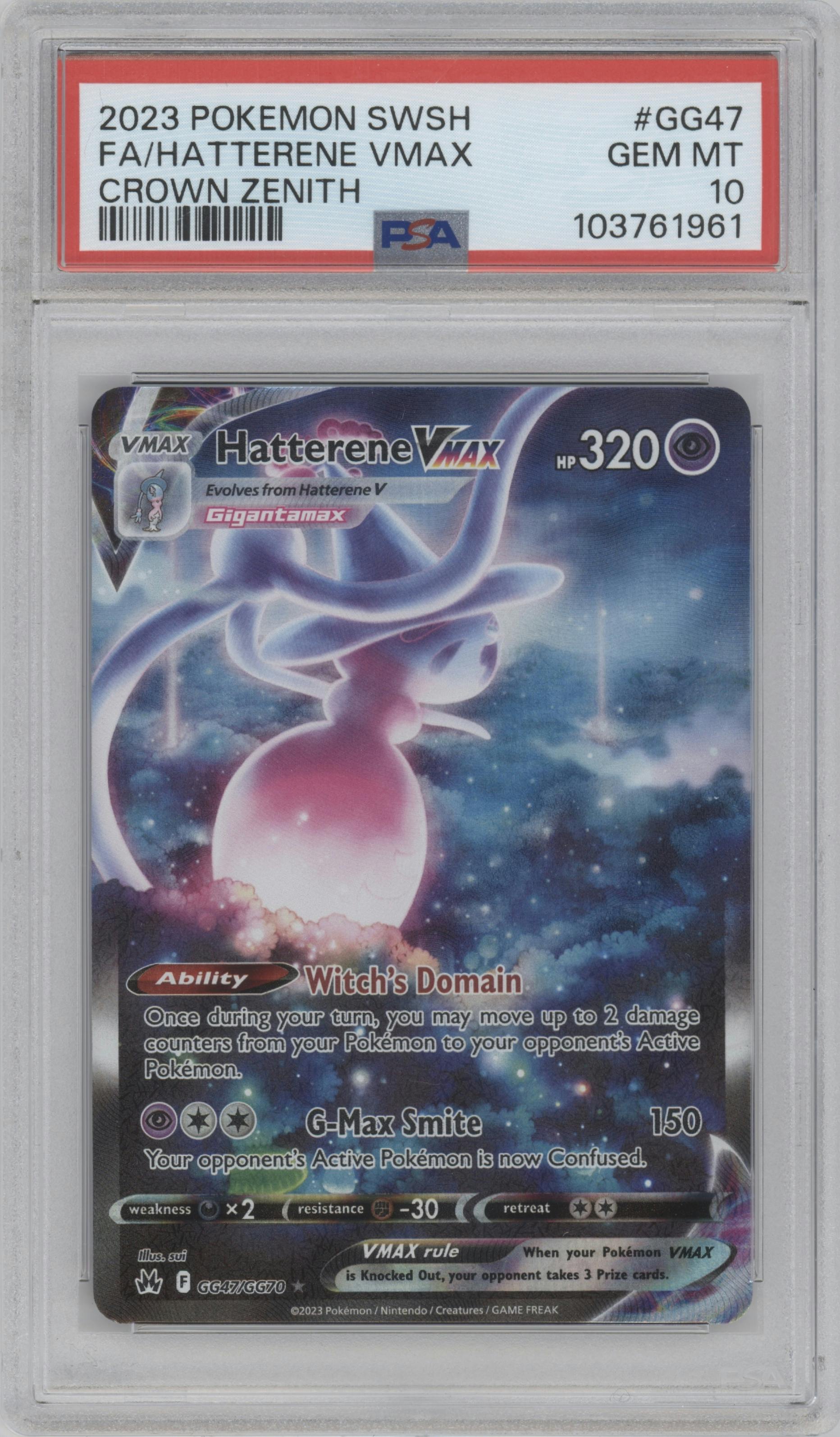 Hatterene VMAX from the 2023 Pokemon SWSH set graded by PSA and given an overall grade of 10.