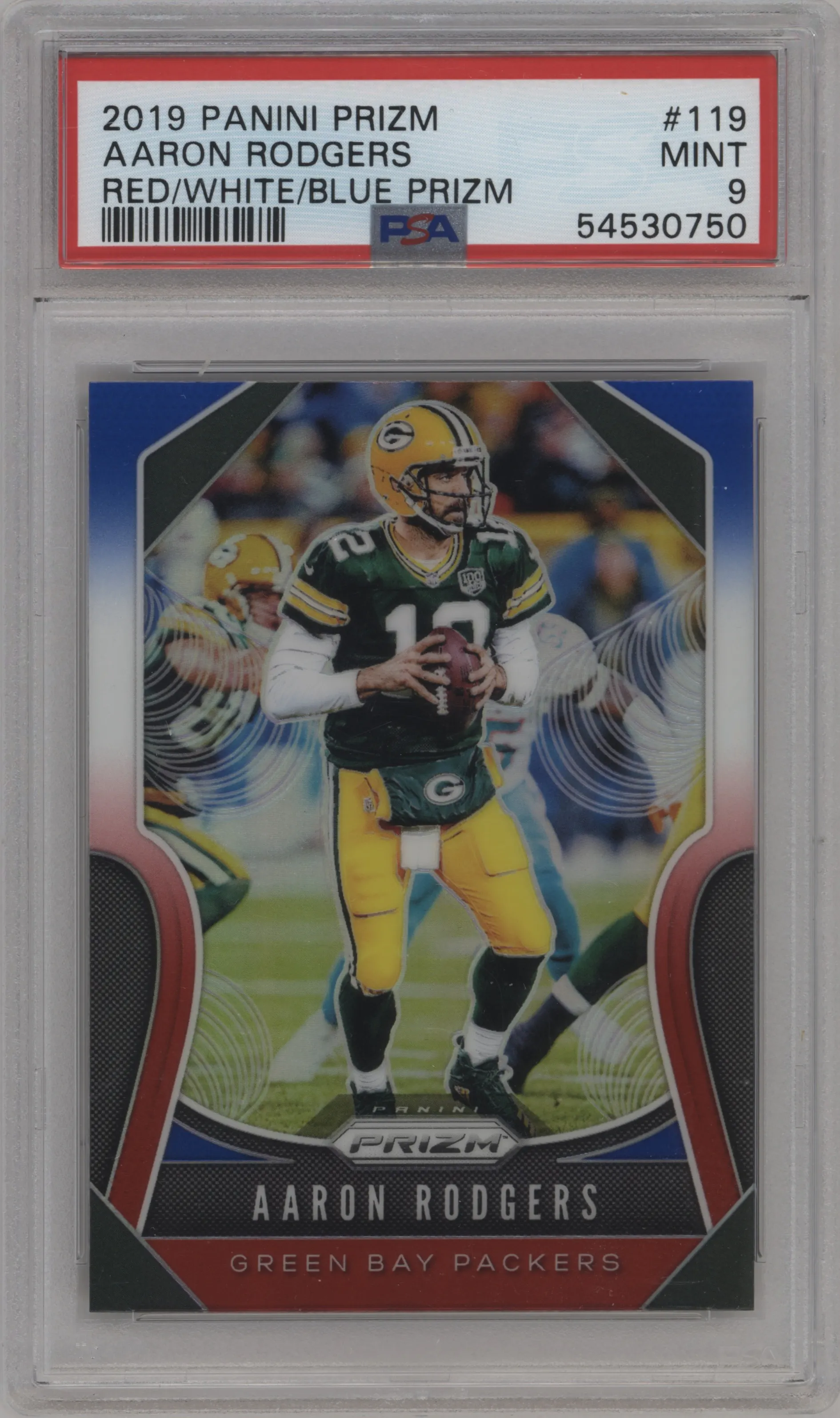 2019 Panini Prizm Aaron Rodgers Red/White/Blue Prizm PSA 9