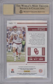 Baker Mayfield from the 2018 Panini Contenders Draft Picks set featuring a Cracked Ice parallel graded by Beckett and given an overall grade of 9.5.