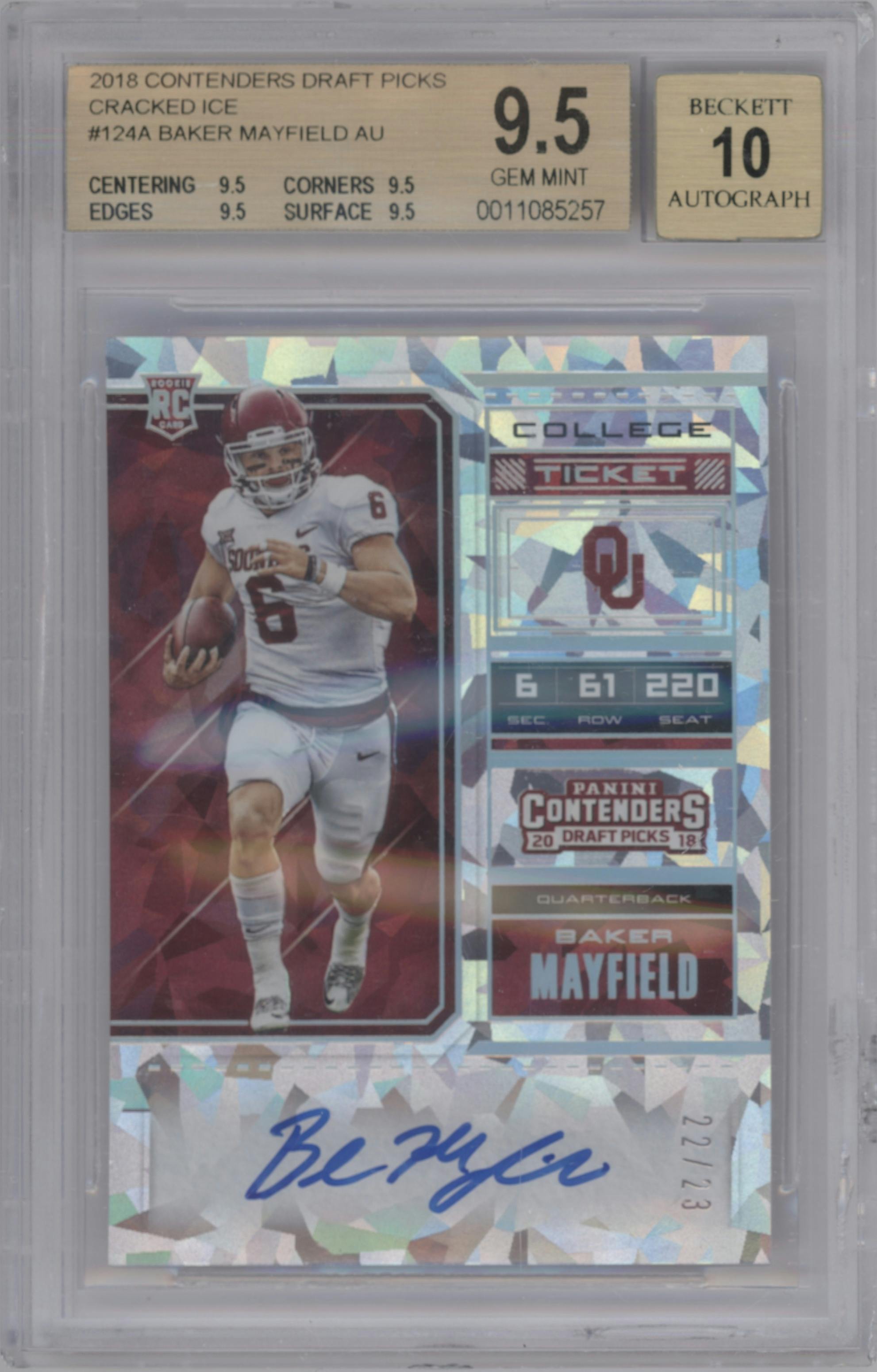 Baker Mayfield from the 2018 Panini Contenders Draft Picks set featuring a Cracked Ice parallel graded by Beckett and given an overall grade of 9.5.