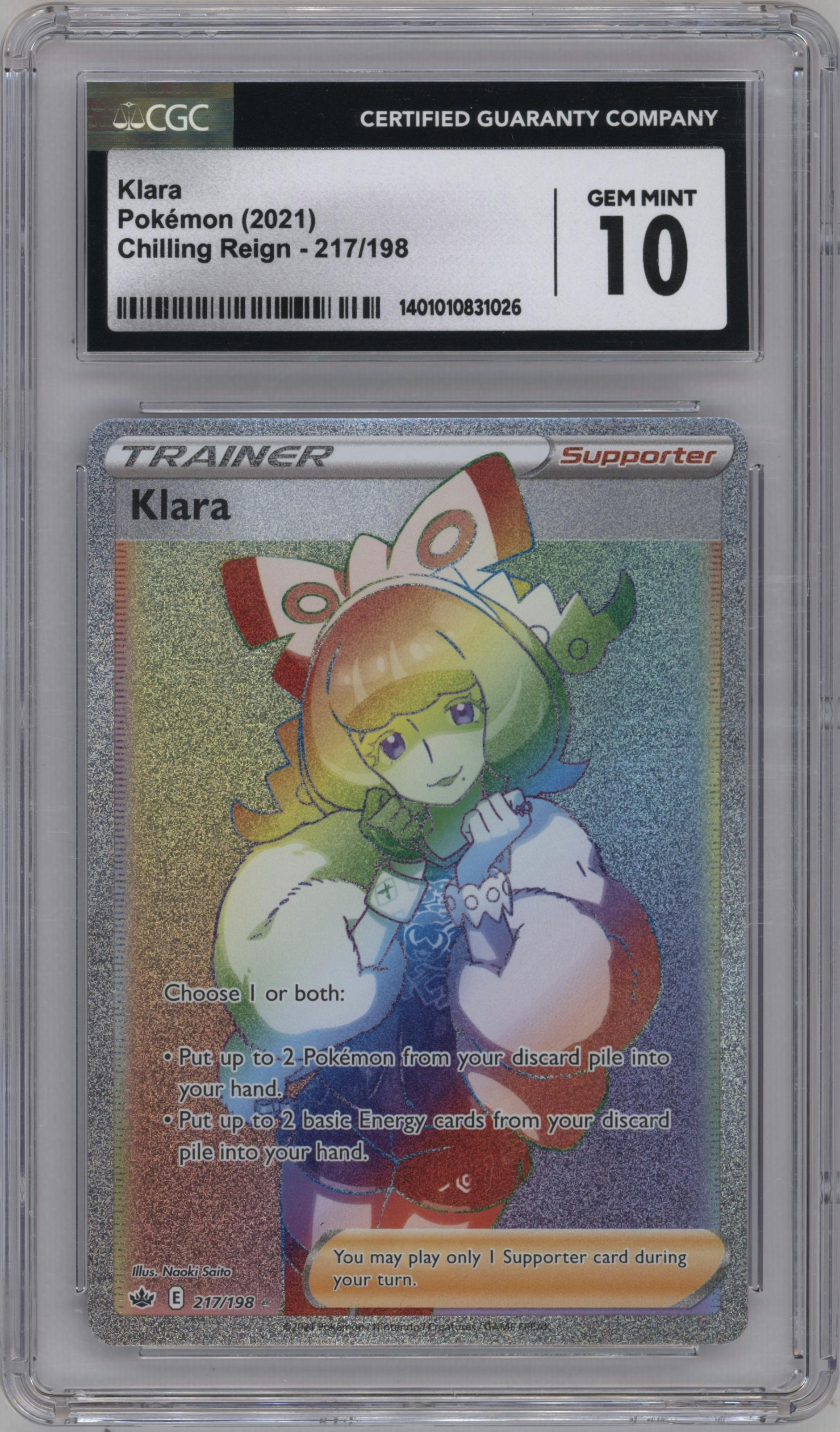 Klara from the 2021 Pokemon SWSH set graded by CSG and given an overall grade of 10.