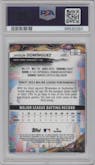 Jasson Domínguez from the 2024 Topps Finest set featuring a Blue Checkerboard Refractor parallel graded by PSA and given an overall grade of 9.