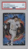 Jasson Domínguez from the 2024 Topps Finest set featuring a Blue Checkerboard Refractor parallel graded by PSA and given an overall grade of 9.