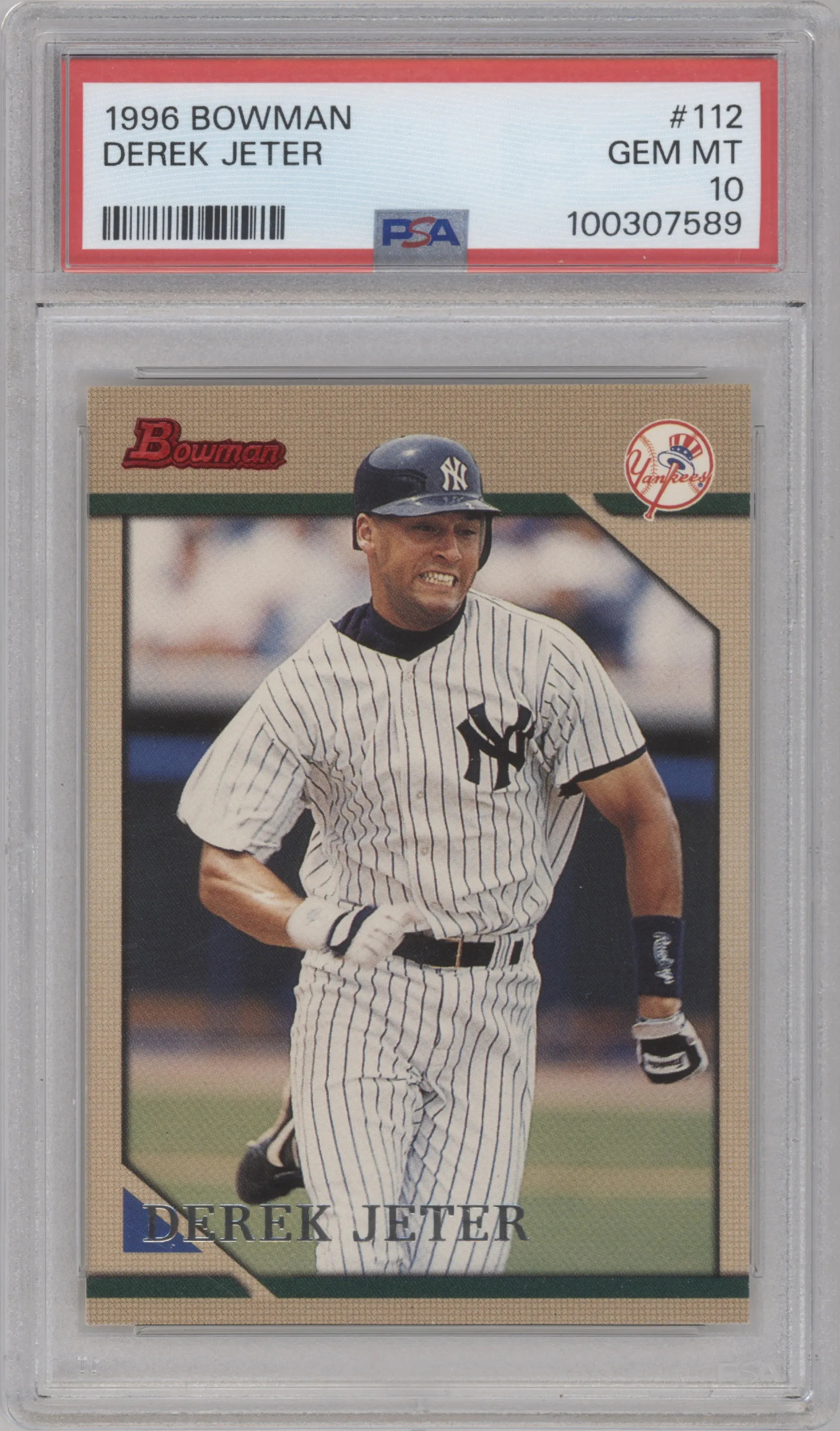 Derek Jeter from the 1996 Bowman set graded by PSA and given an overall grade of 10.