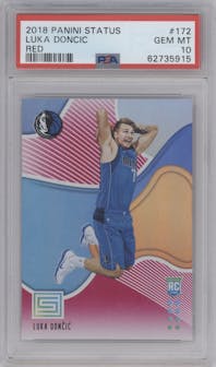 Luka Doncic from the 2018-19 Panini Status set featuring a Red parallel graded by PSA and given an overall grade of 10.