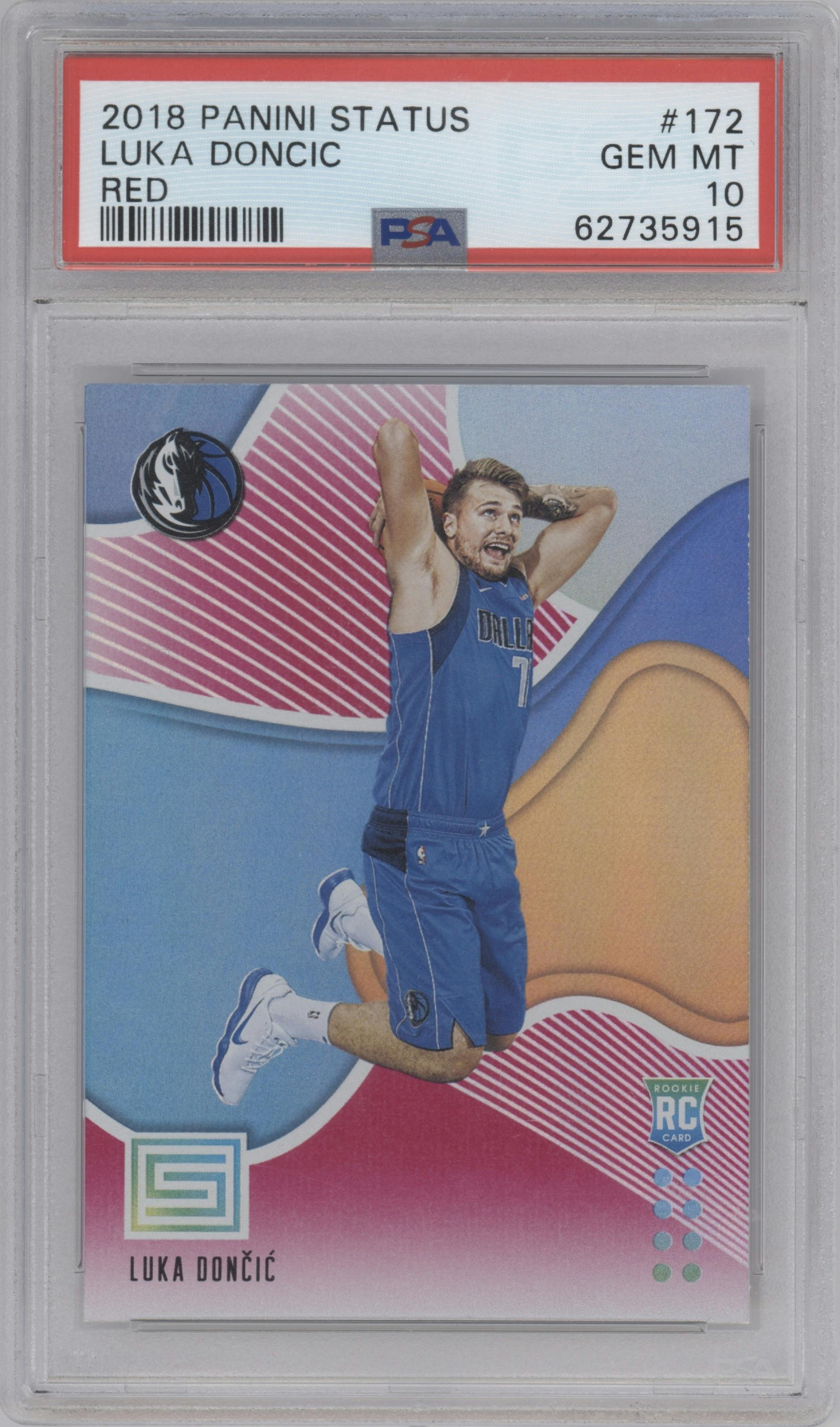 Luka Doncic from the 2018-19 Panini Status set featuring a Red parallel graded by PSA and given an overall grade of 10.