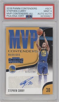 Stephen Curry from the 2018-19 Panini Contenders set graded by PSA and given an overall grade of 9.
