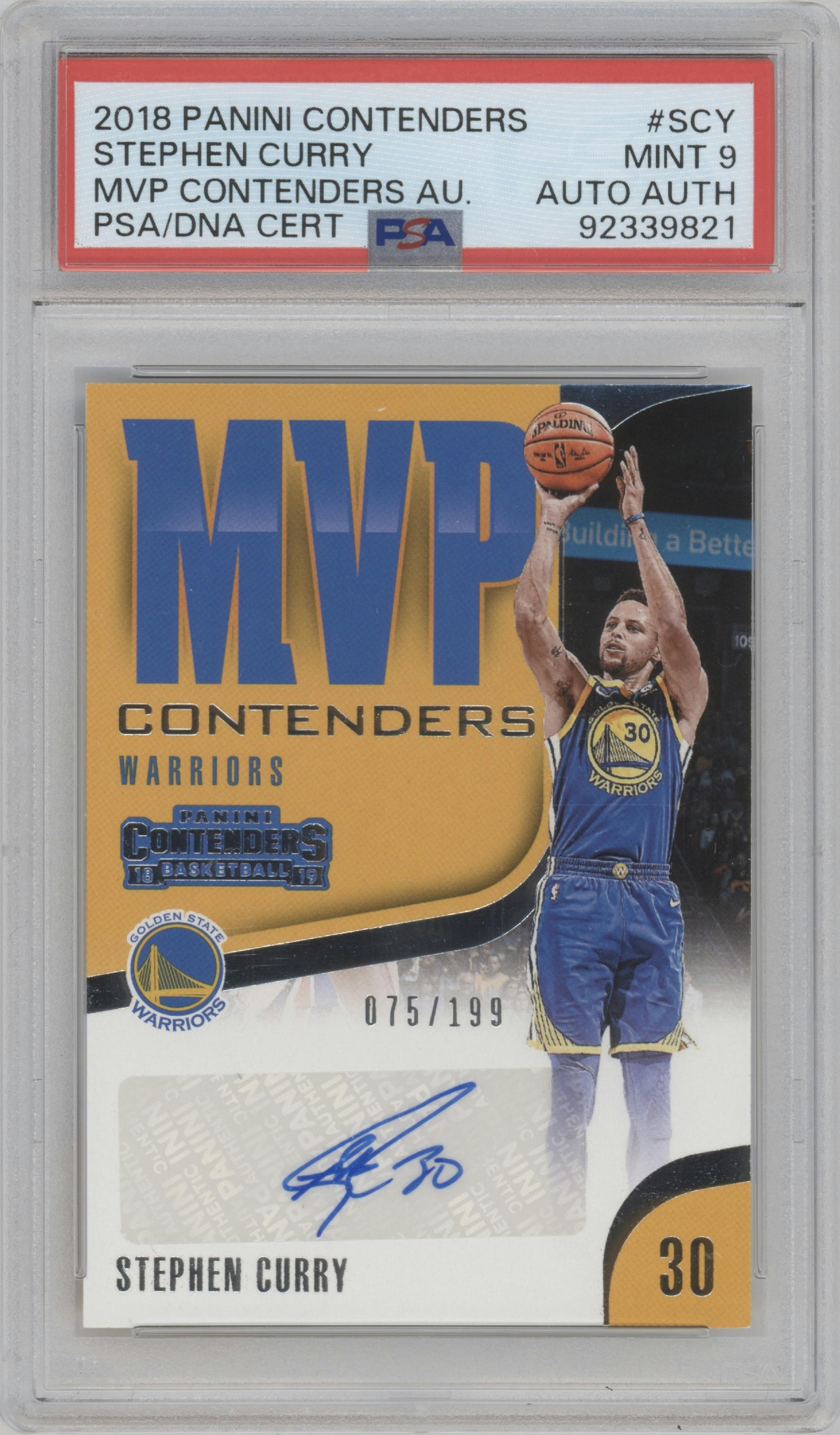 Stephen Curry from the 2018-19 Panini Contenders set graded by PSA and given an overall grade of 9.