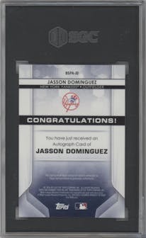 Jasson Dominguez from the 2020 Bowman Sterling set graded by SGC and given an overall grade of 10.