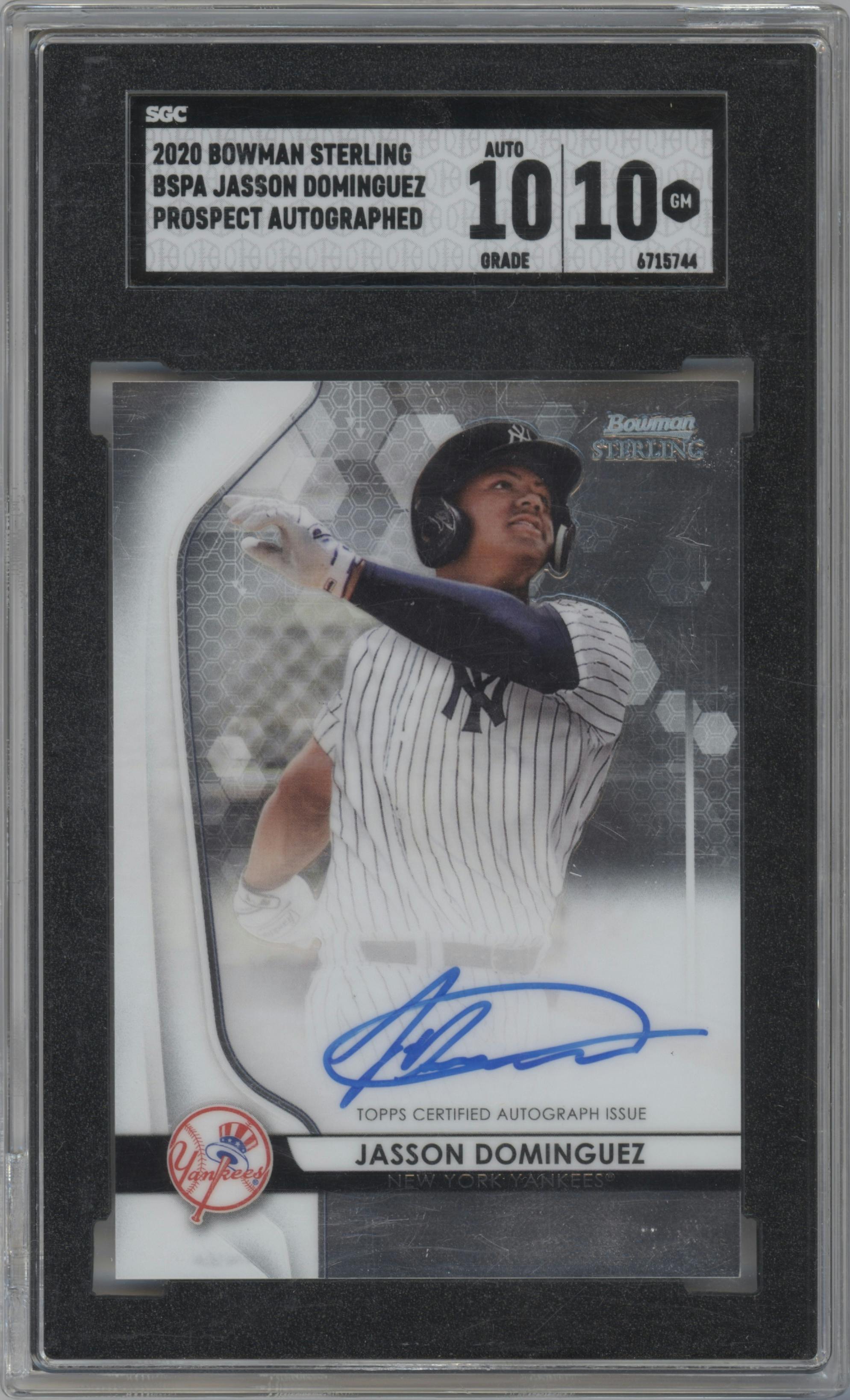 Jasson Dominguez from the 2020 Bowman Sterling set graded by SGC and given an overall grade of 10.