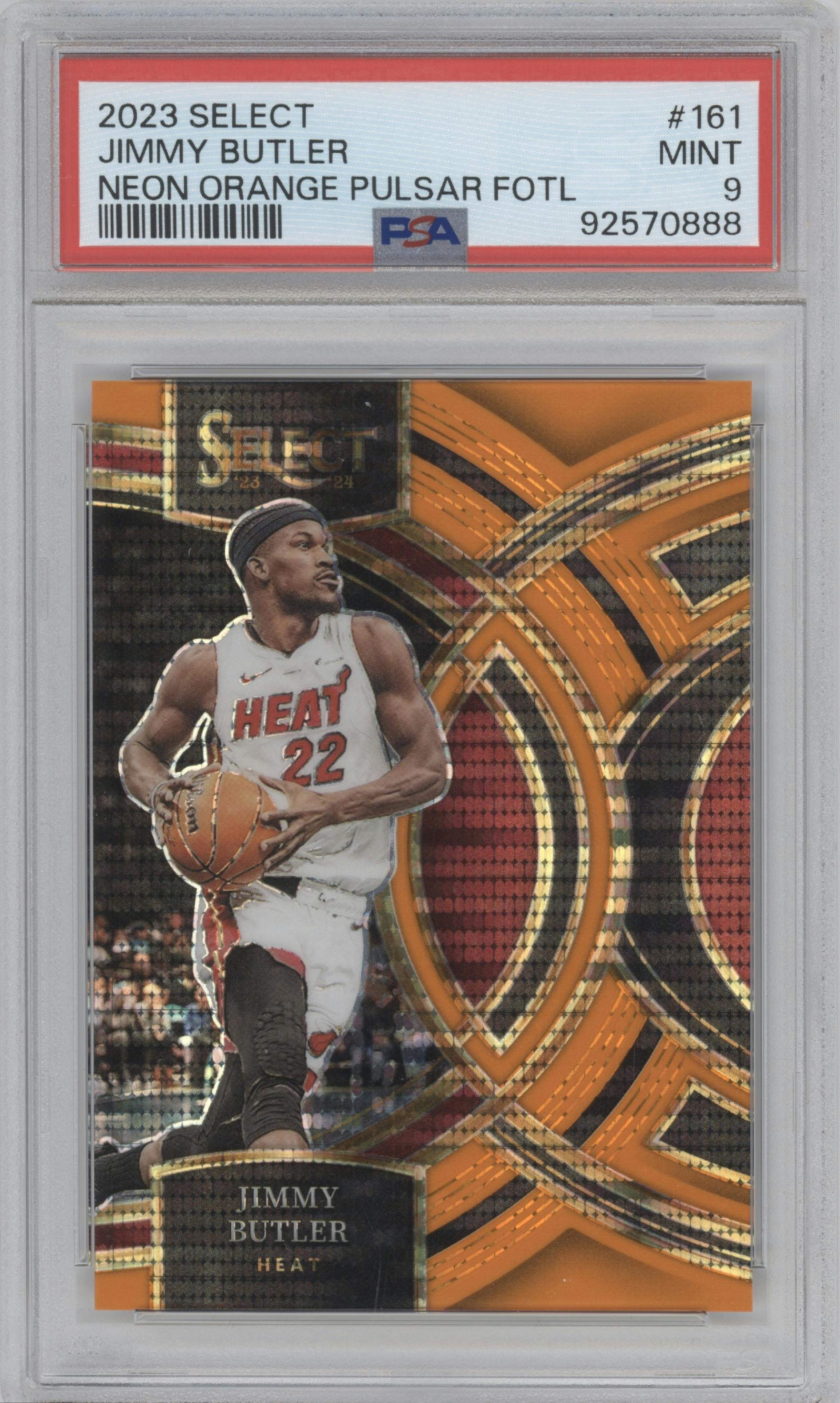 Jimmy Butler from the 2023-24 Panini Select  set featuring a Neon Orange Pulsar  parallel graded by PSA and given an overall grade of 9.