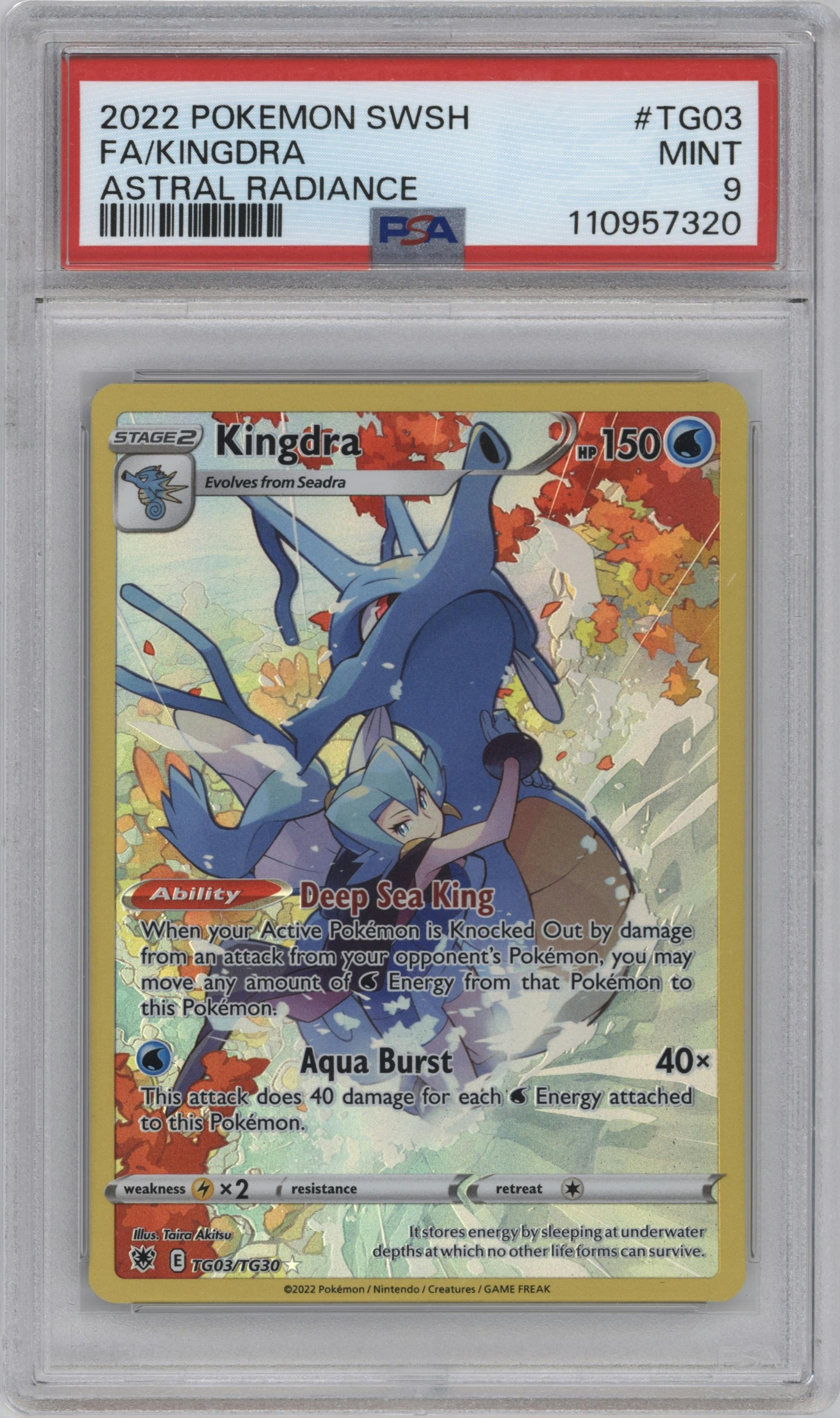 Kingdra from the 2022 Pokemon SWSH set graded by PSA and given an overall grade of 9.