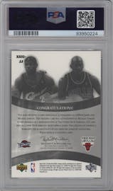LeBron James/Michael Jordan from the 2004-05 Upper Deck SP Game Used set graded by PSA and given an overall grade of 9.