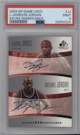 LeBron James/Michael Jordan from the 2004-05 Upper Deck SP Game Used set graded by PSA and given an overall grade of 9.