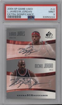 LeBron James/Michael Jordan from the 2004-05 Upper Deck SP Game Used set graded by PSA and given an overall grade of 9.