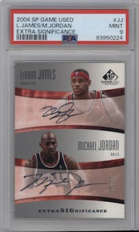 LeBron James/Michael Jordan from the 2004-05 Upper Deck SP Game Used set graded by PSA and given an overall grade of 9.