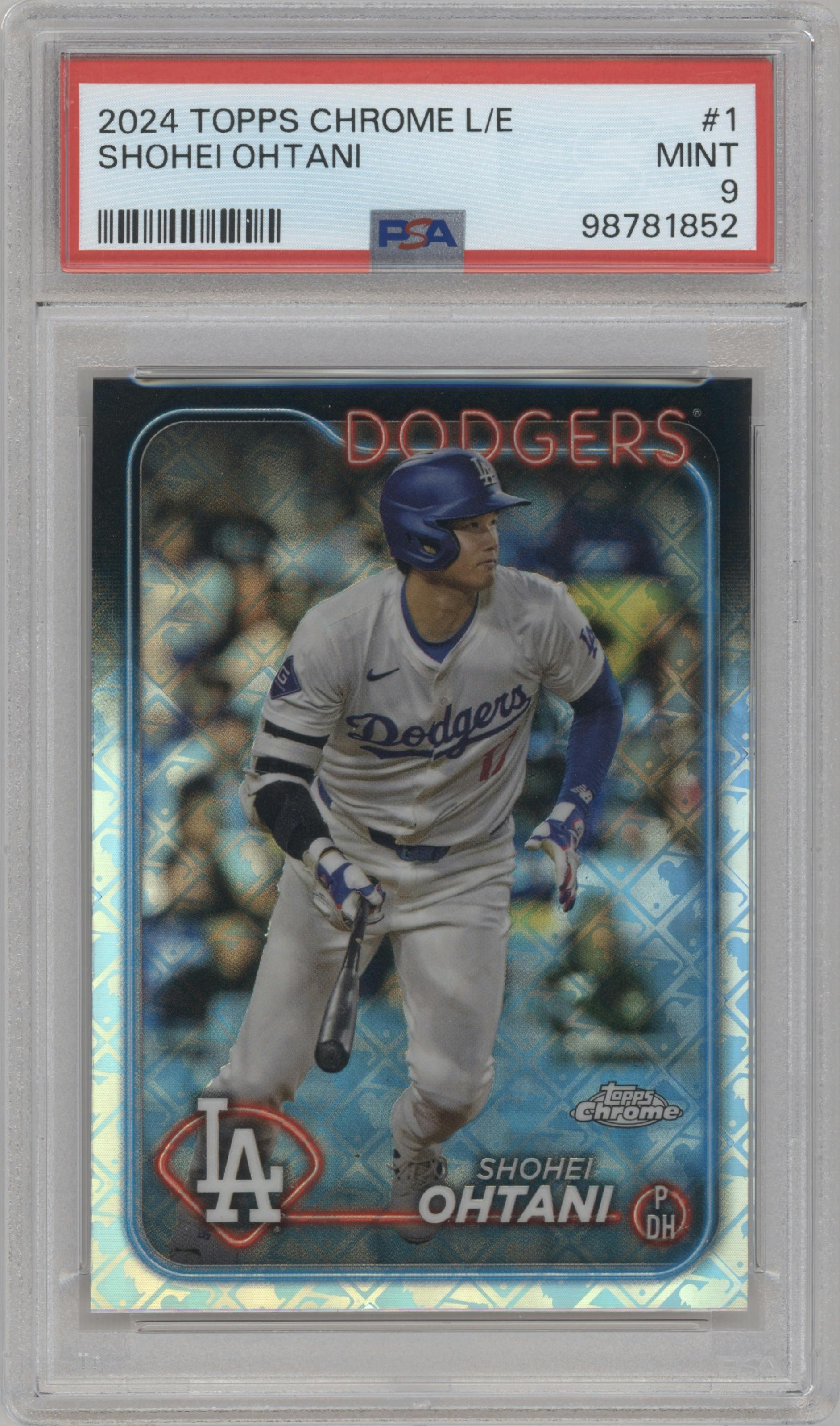 Shohei Ohtani from the 2024 Topps Chrome Logofractor set graded by PSA and given an overall grade of 9.