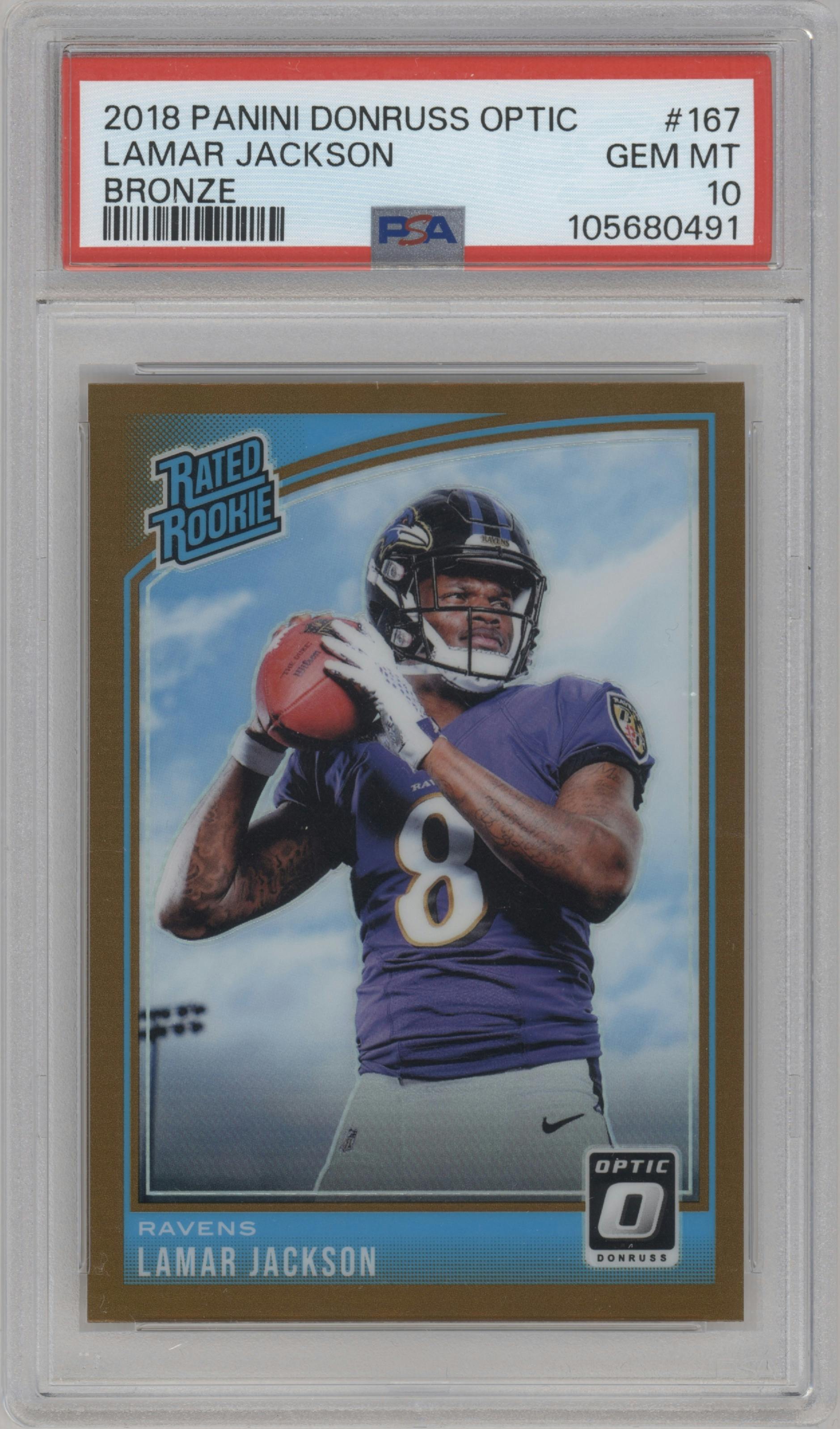 Lamar Jackson from the 2018 Panini Donruss Optic set featuring a Bronze parallel graded by PSA and given an overall grade of 10.