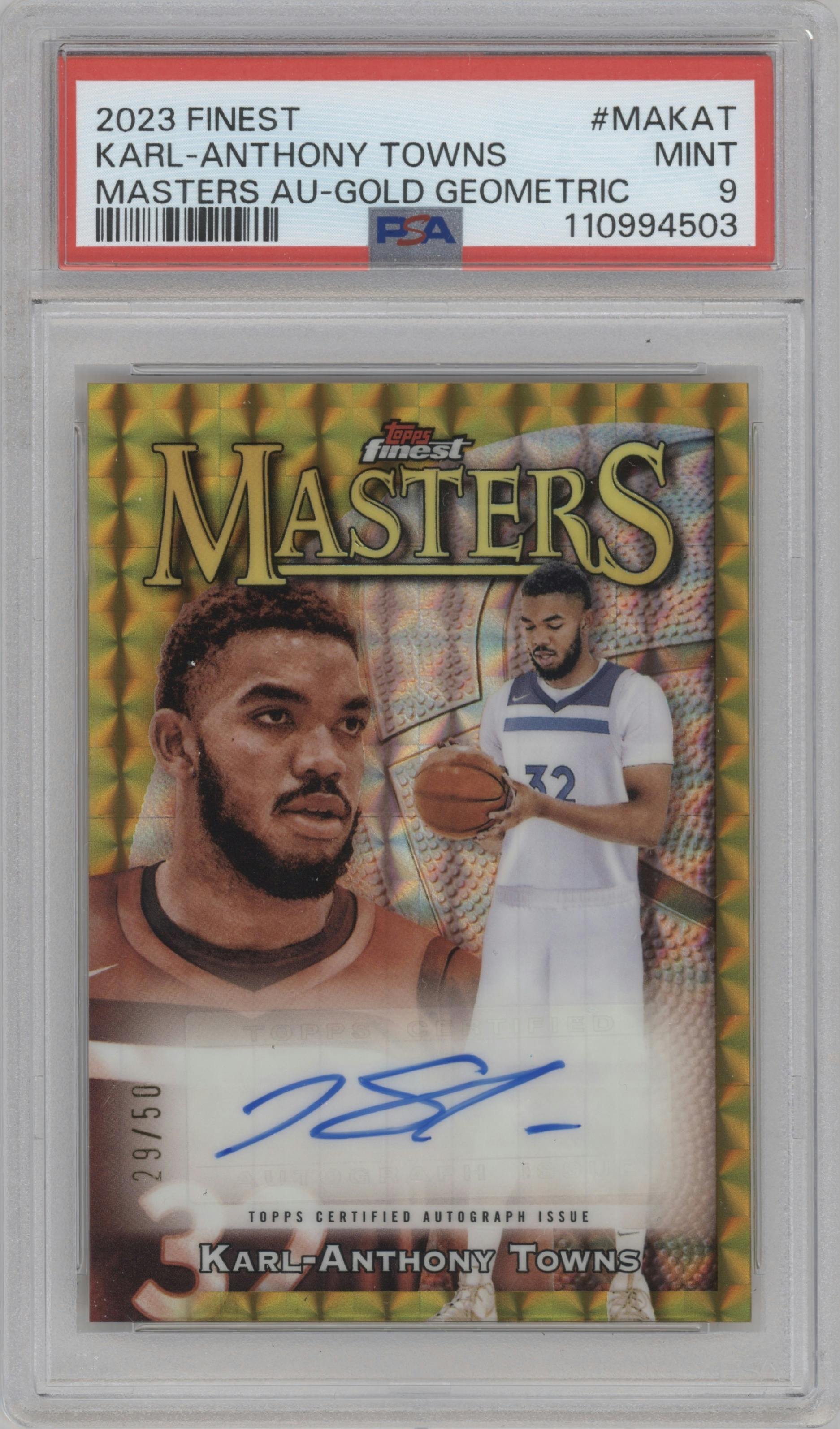 Karl-Anthony Towns from the 2023-24 Finest set featuring a Gold Geometric Refractor parallel graded by PSA and given an overall grade of 9.