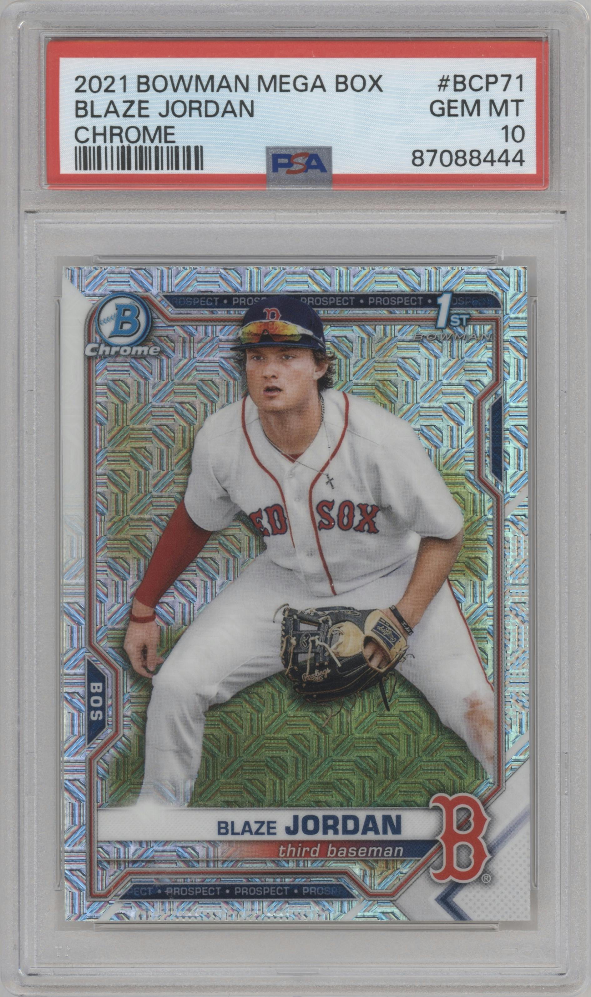 Blaze Jordan from the 2021 Bowman Mega Box set graded by PSA and given an overall grade of 10.