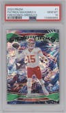 Patrick Mahomes II from the 2024 Panini Prizm set featuring a Green Ice parallel graded by PSA and given an overall grade of 10.