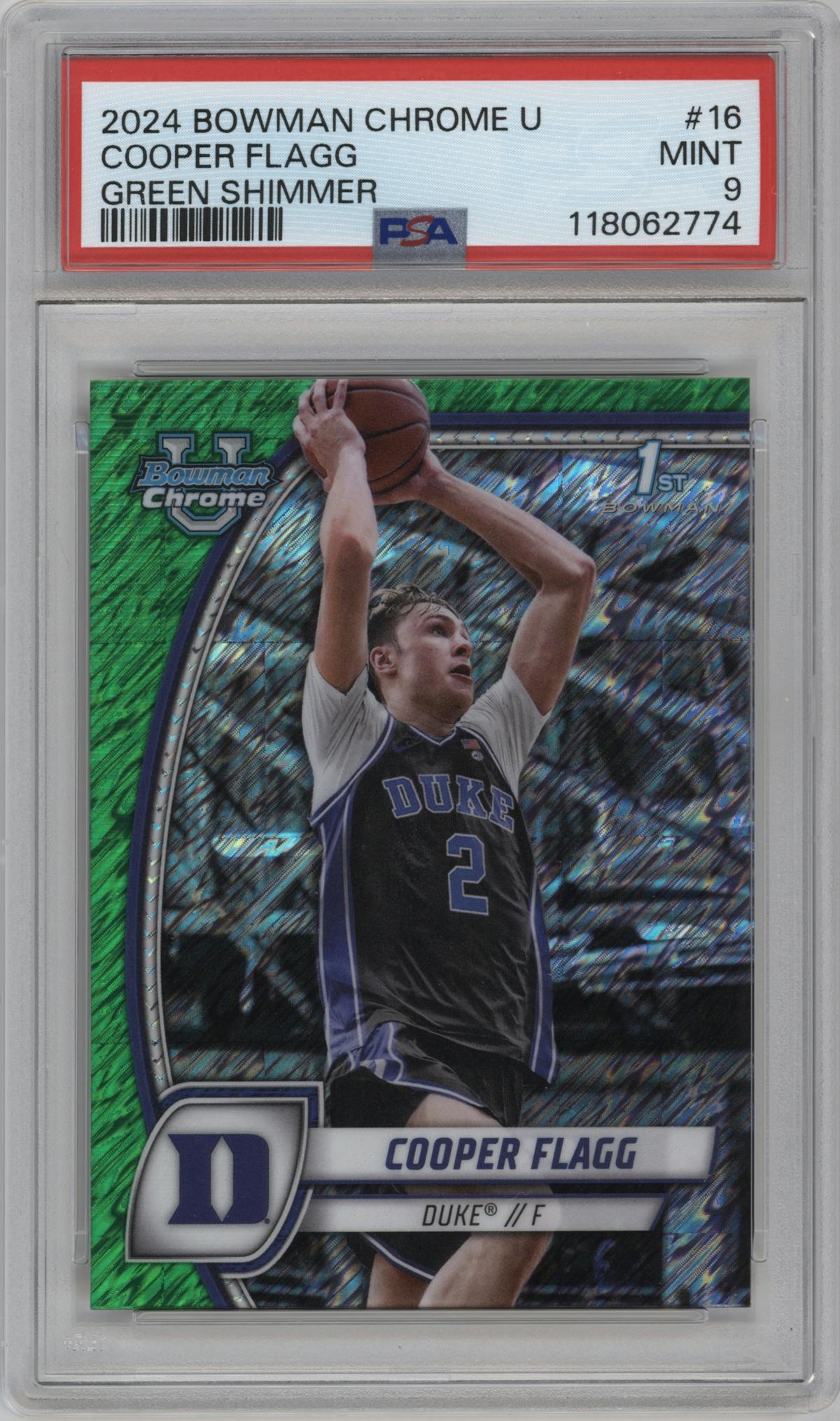 Cooper Flagg from the 2024-25 Bowman University Chrome set featuring a Green Shimmer parallel graded by PSA and given an overall grade of 9.