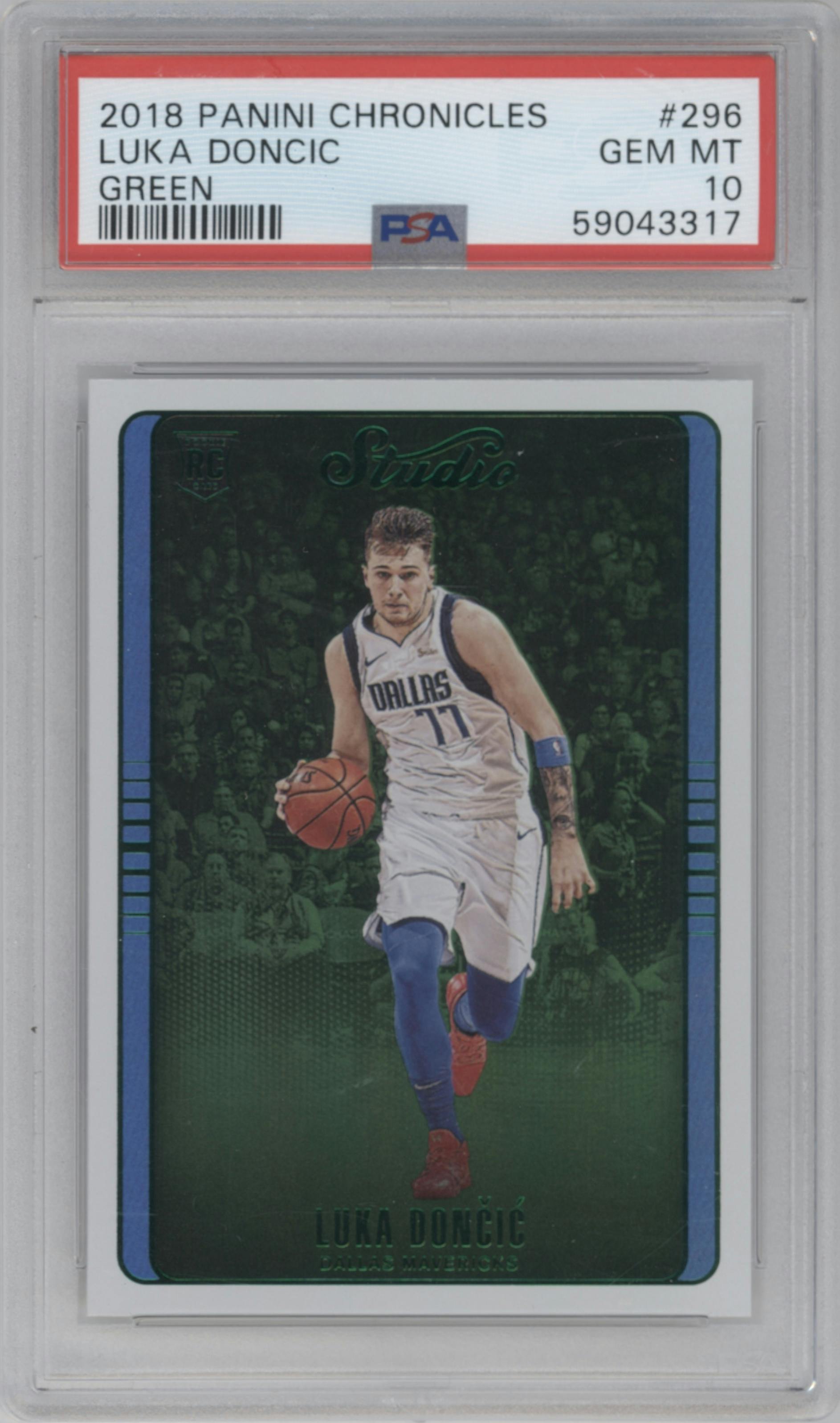 Luka Doncic from the 2018-19 Panini Chronicles set featuring a Green parallel graded by PSA and given an overall grade of 10.