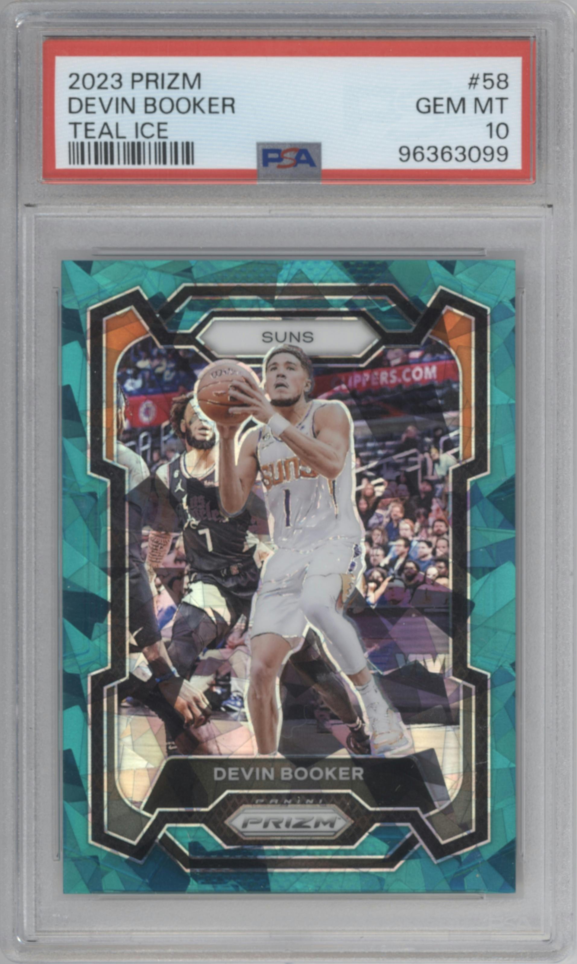 Devin Booker from the 2023-24 Panini Prizm set featuring a Teal Ice parallel graded by PSA and given an overall grade of 10.