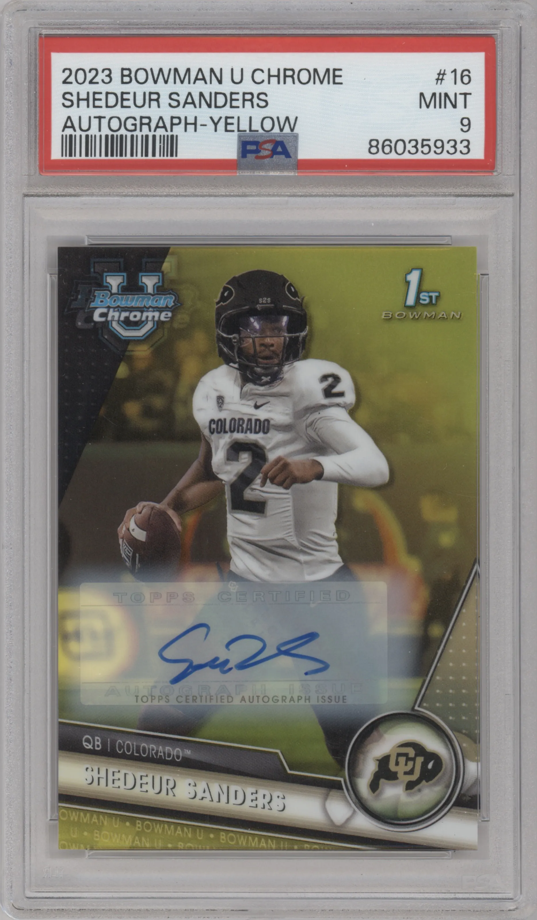2023 Bowman Chrome University Chr.Pros.Auto Shedeur Sanders Yellow Refractor PSA 9