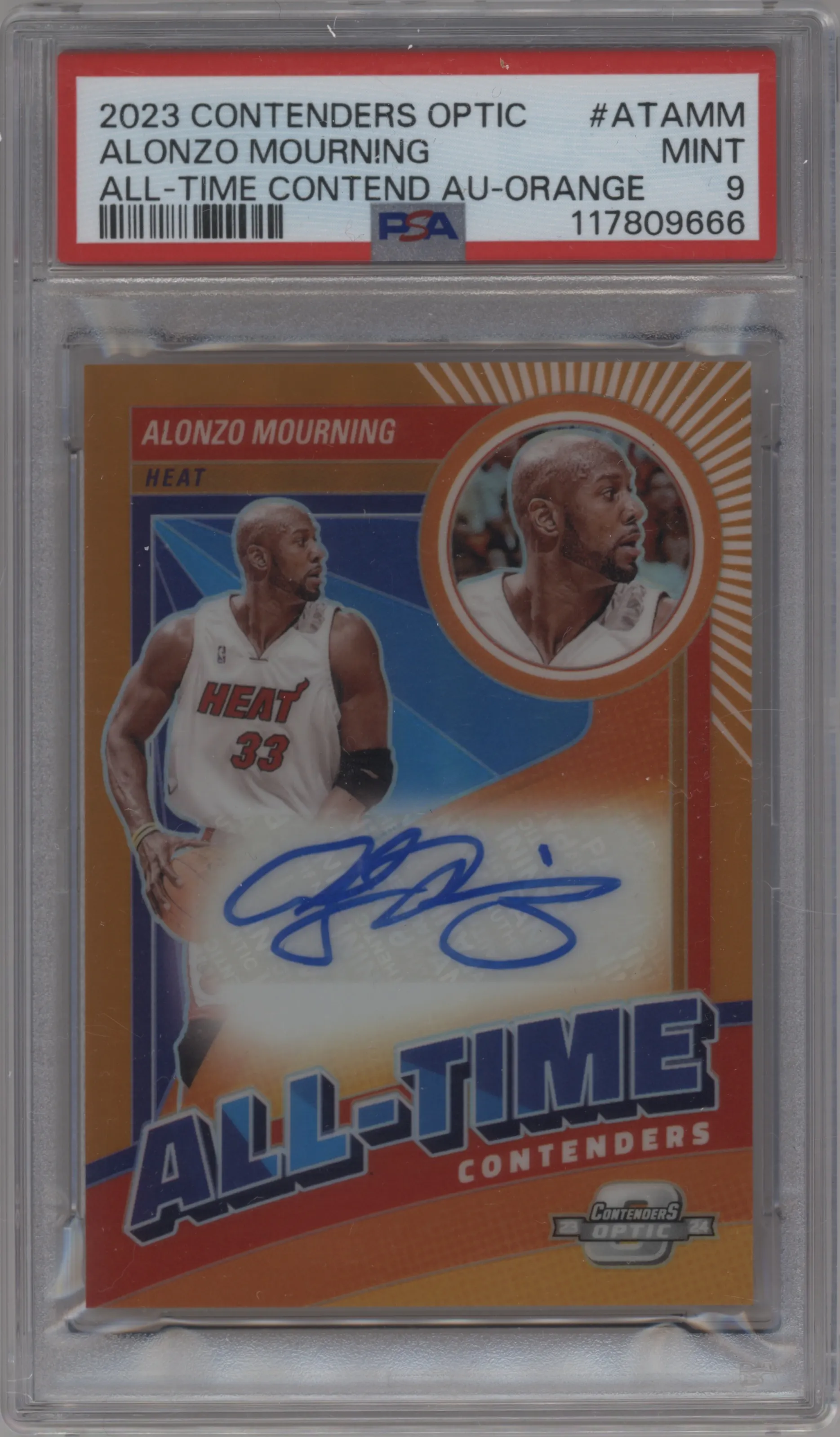 2023 Panini Contenders Optic All-Time Contenders Auto Alonzo Mourning Orange #AT-AMM PSA 9