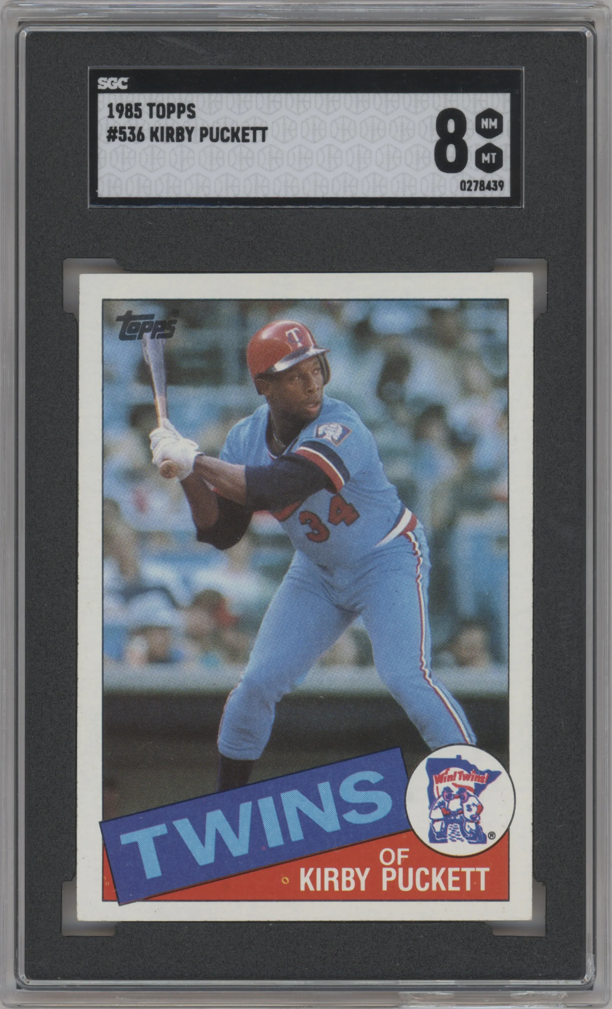 Kirby Puckett from the 1985 Topps set graded by SGC and given an overall grade of 8.