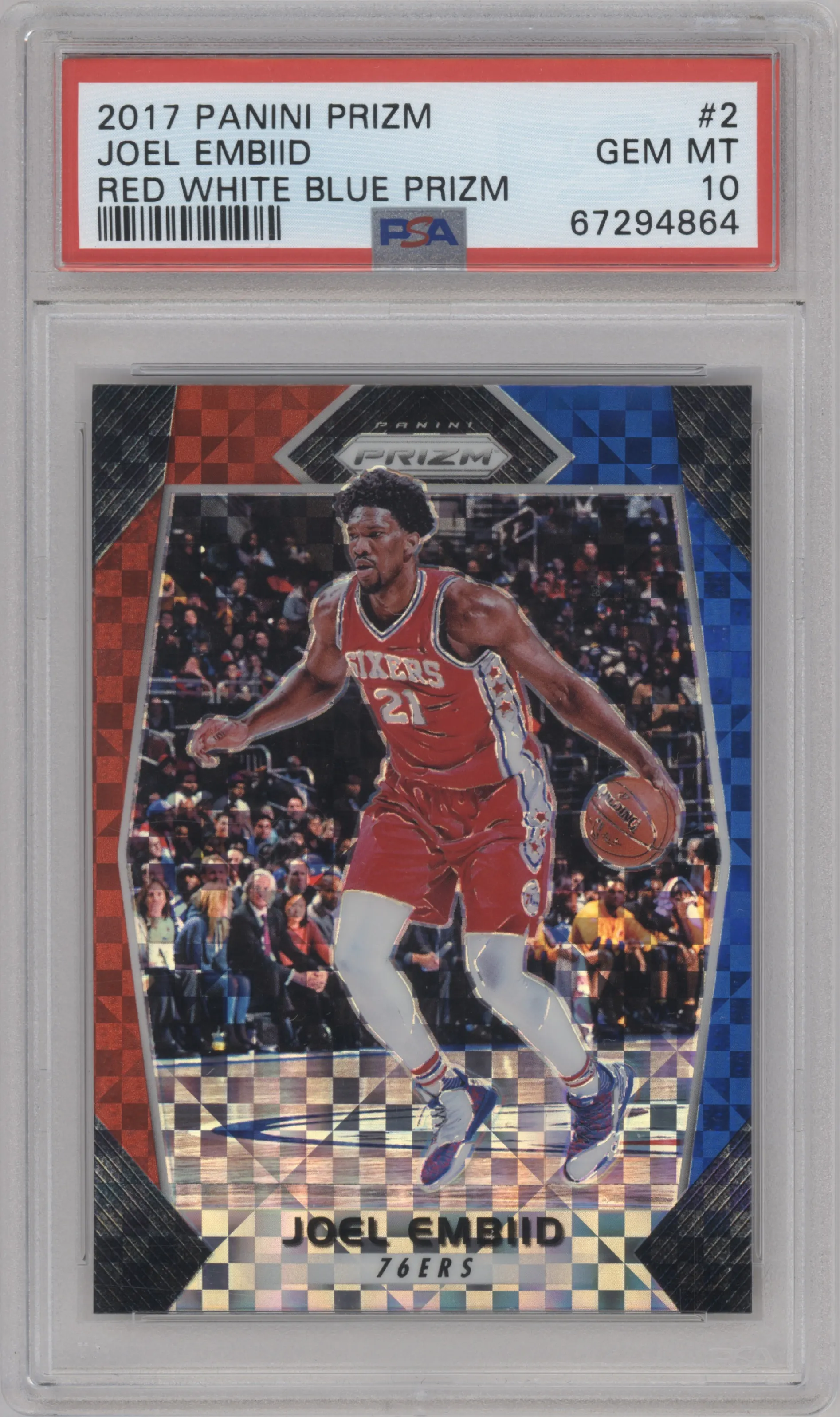 2017 Panini Prizm Joel Embiid Red/White/Blue Prizm PSA 10