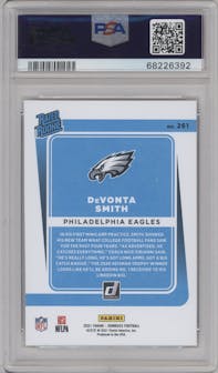 DeVonta Smith from the 2021 Panini Donruss set featuring a Press Proof Premium parallel graded by PSA and given an overall grade of 9.