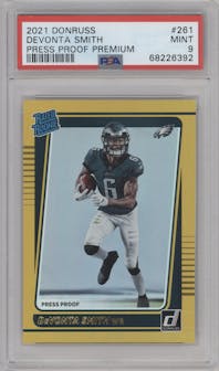 DeVonta Smith from the 2021 Panini Donruss set featuring a Press Proof Premium parallel graded by PSA and given an overall grade of 9.