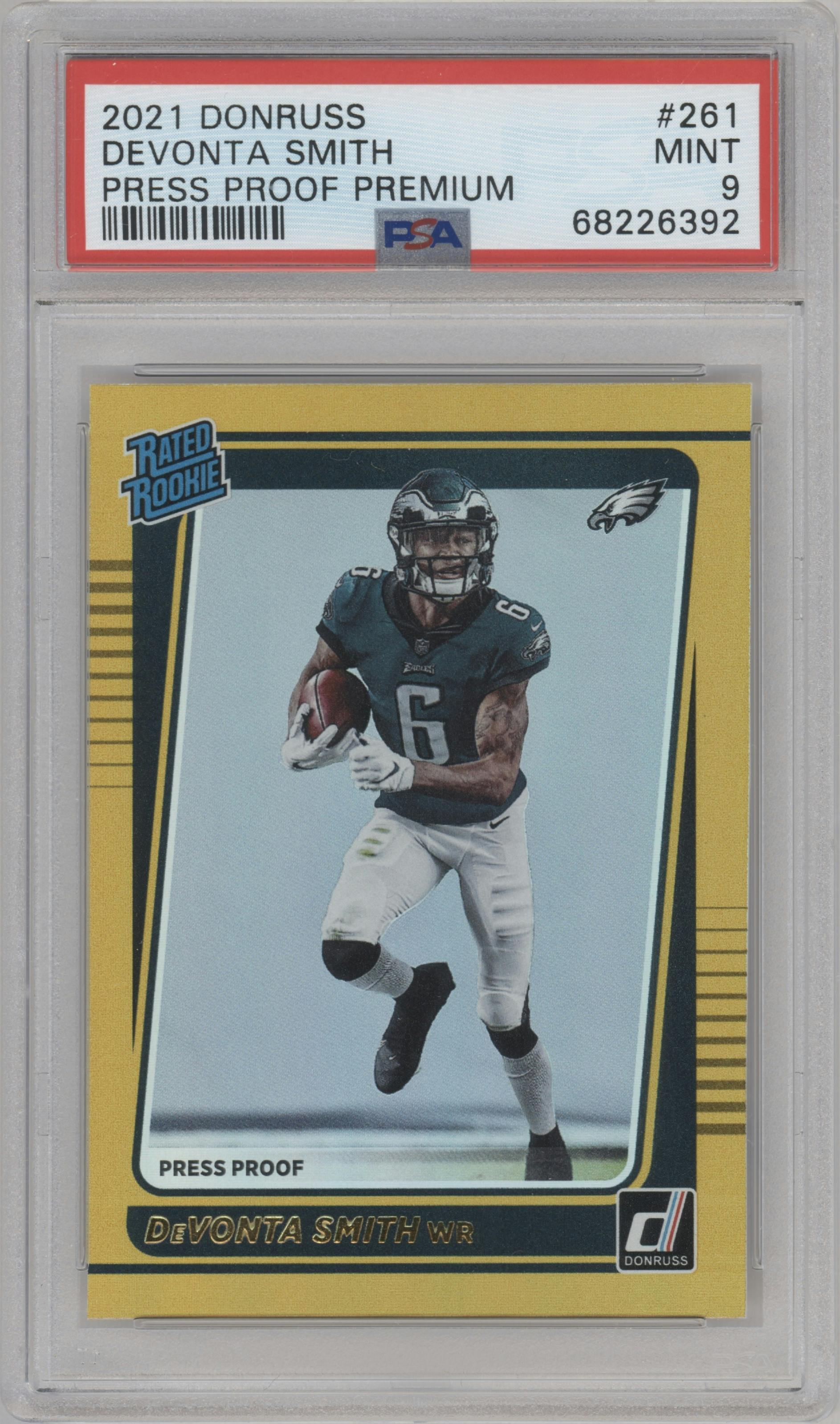 DeVonta Smith from the 2021 Panini Donruss set featuring a Press Proof Premium parallel graded by PSA and given an overall grade of 9.