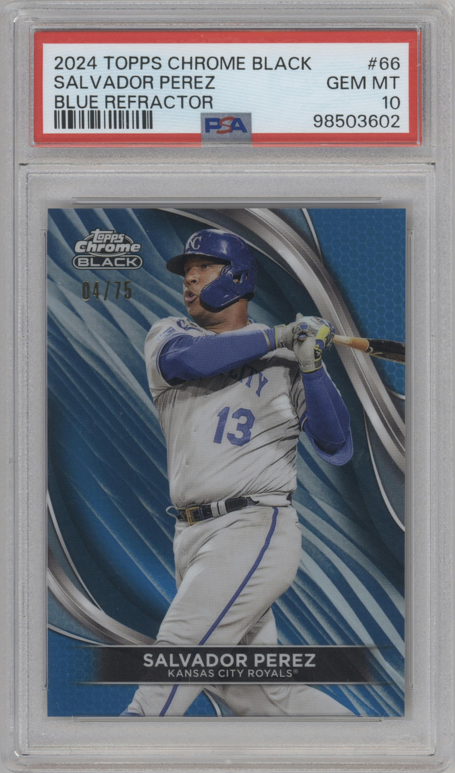 Salvador Perez from the  2024 Topps Chrome Black set featuring a Blue Refractor parallel graded by PSA and given an overall grade of 10.