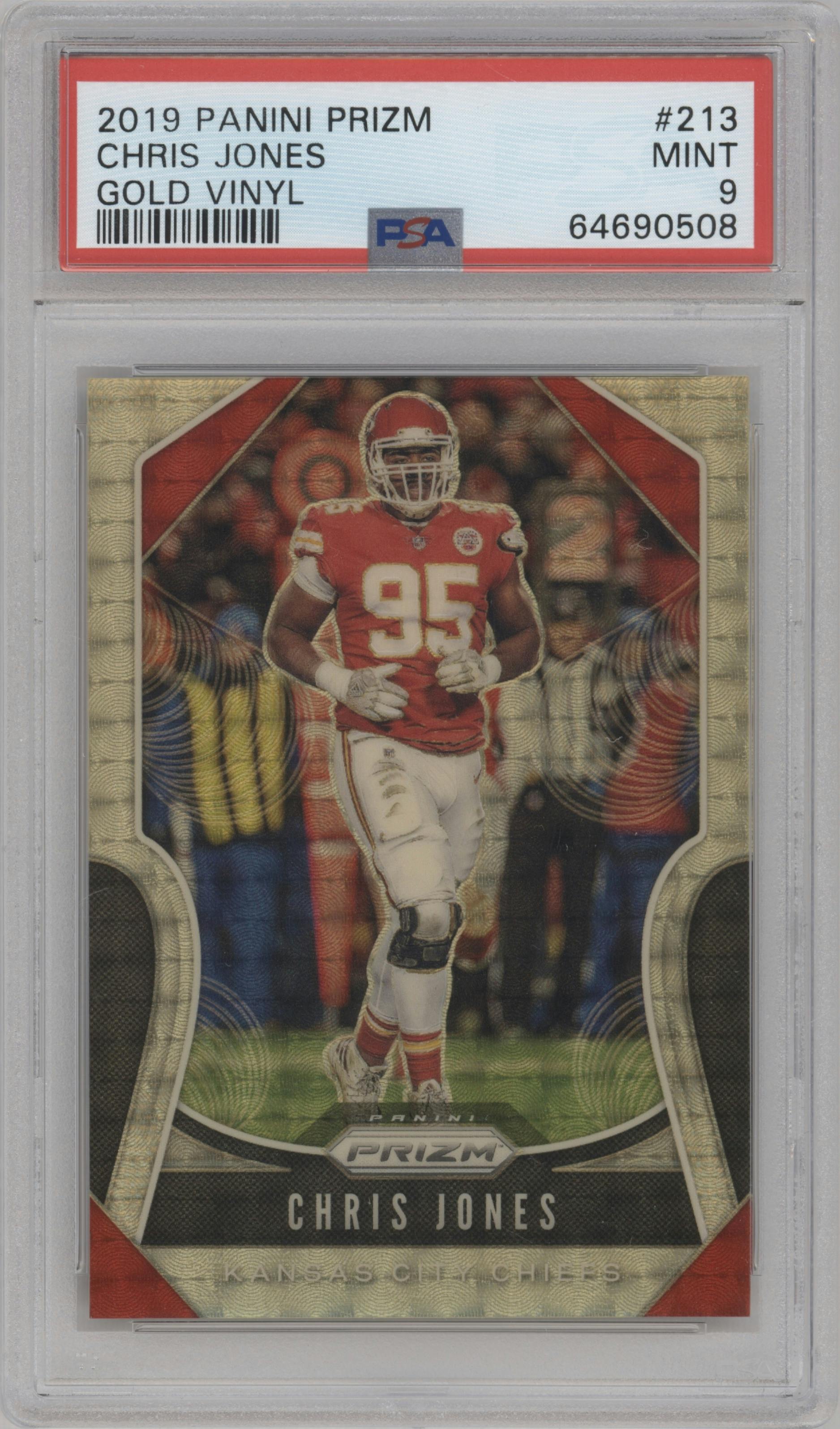 Chris Jones from the 2019 Panini Prizm set featuring a Gold Vinyl Prizms parallel graded by PSA and given an overall grade of 9.