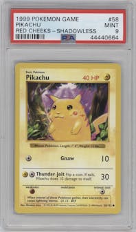Pikachu from the 1999 Pokemon set featuring a Red Cheeks parallel graded by PSA and given an overall grade of 9.