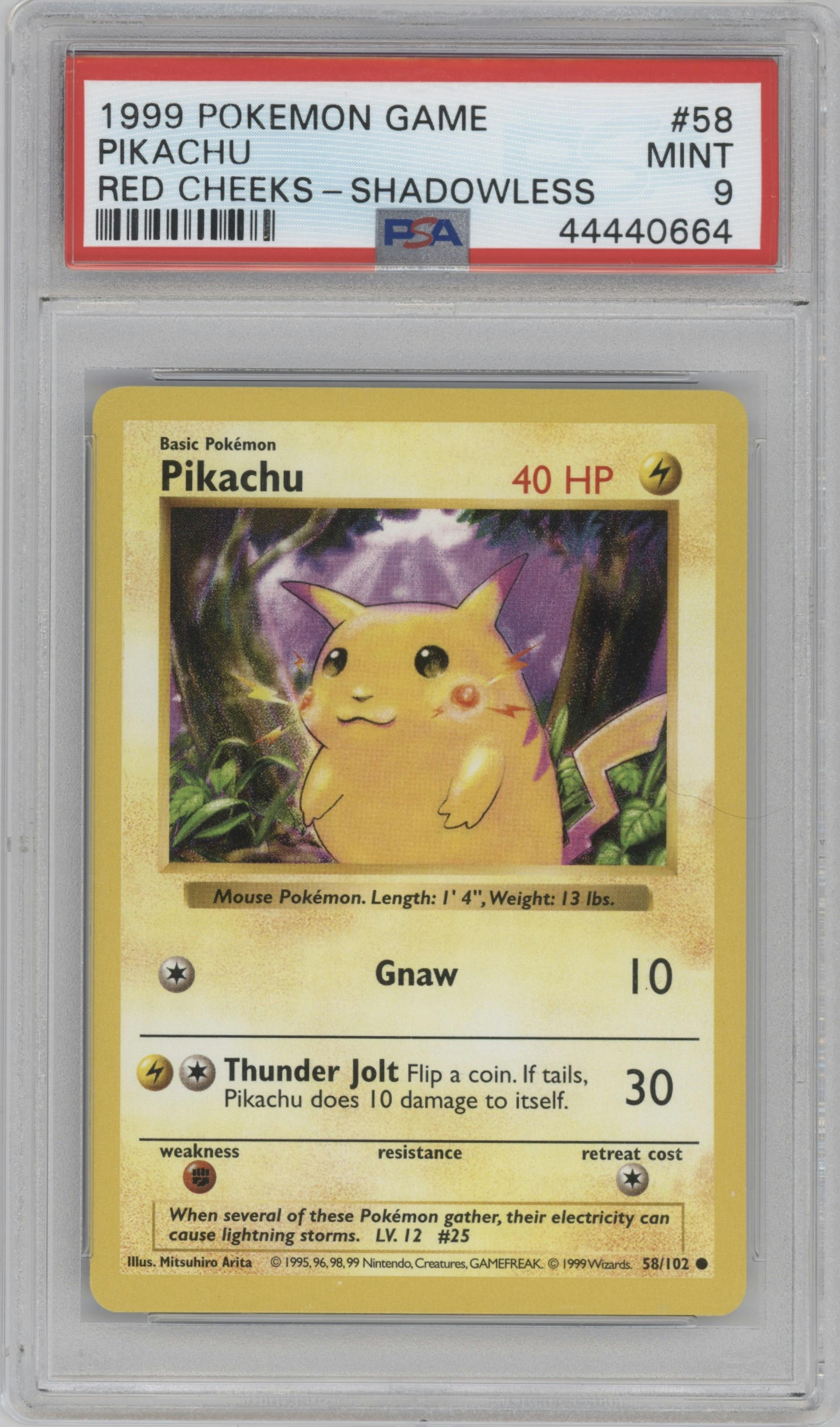 Pikachu from the 1999 Pokemon set featuring a Red Cheeks parallel graded by PSA and given an overall grade of 9.