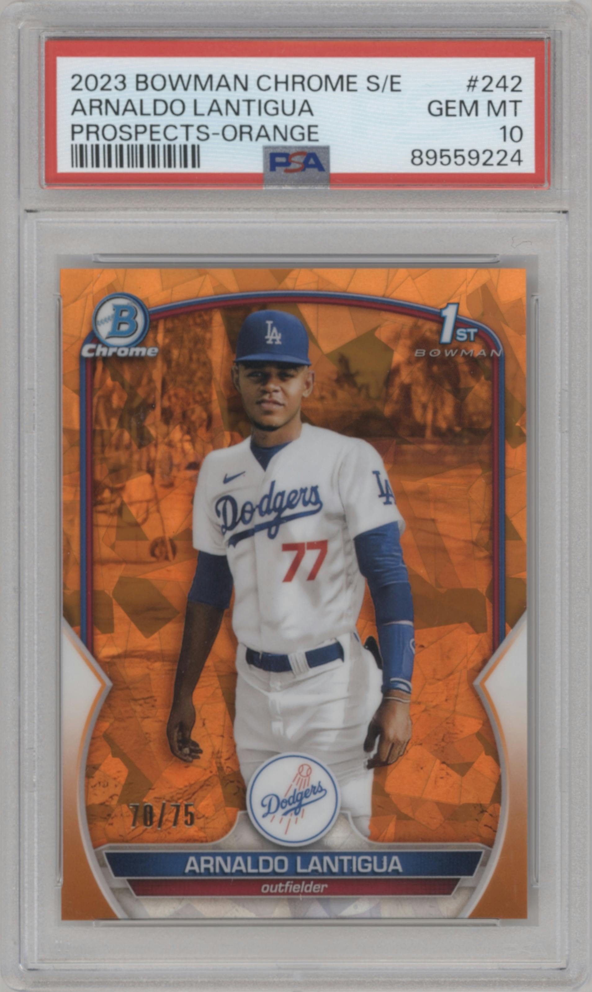 Arnaldo Lantigua from the 2023 Bowman Chrome Sapphire Edition set featuring a Orange parallel graded by PSA and given an overall grade of 10.