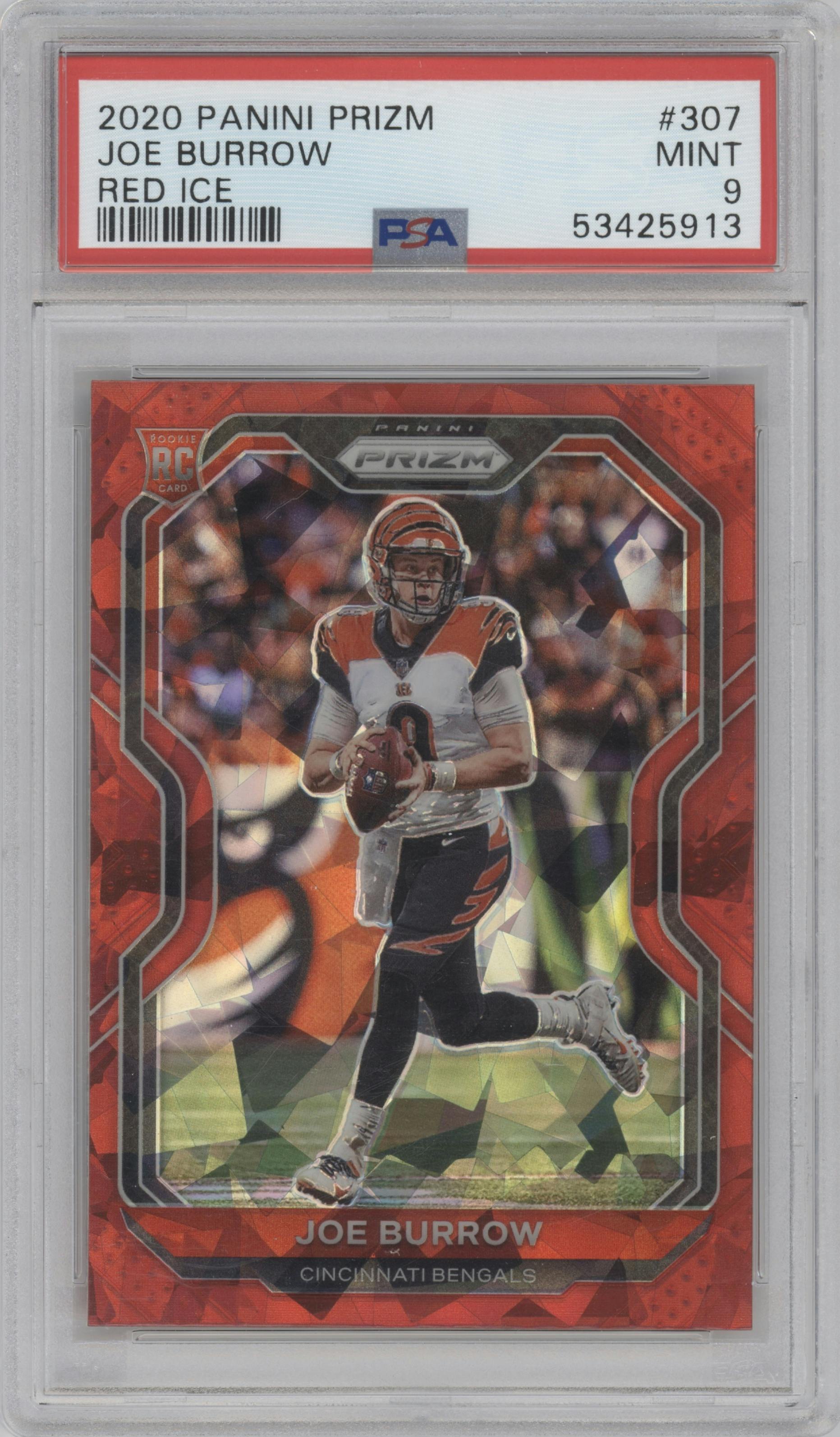 Joe Burrow from the 2020 Panini Prizm set featuring a Red Ice Prizm parallel graded by PSA and given an overall grade of 9.