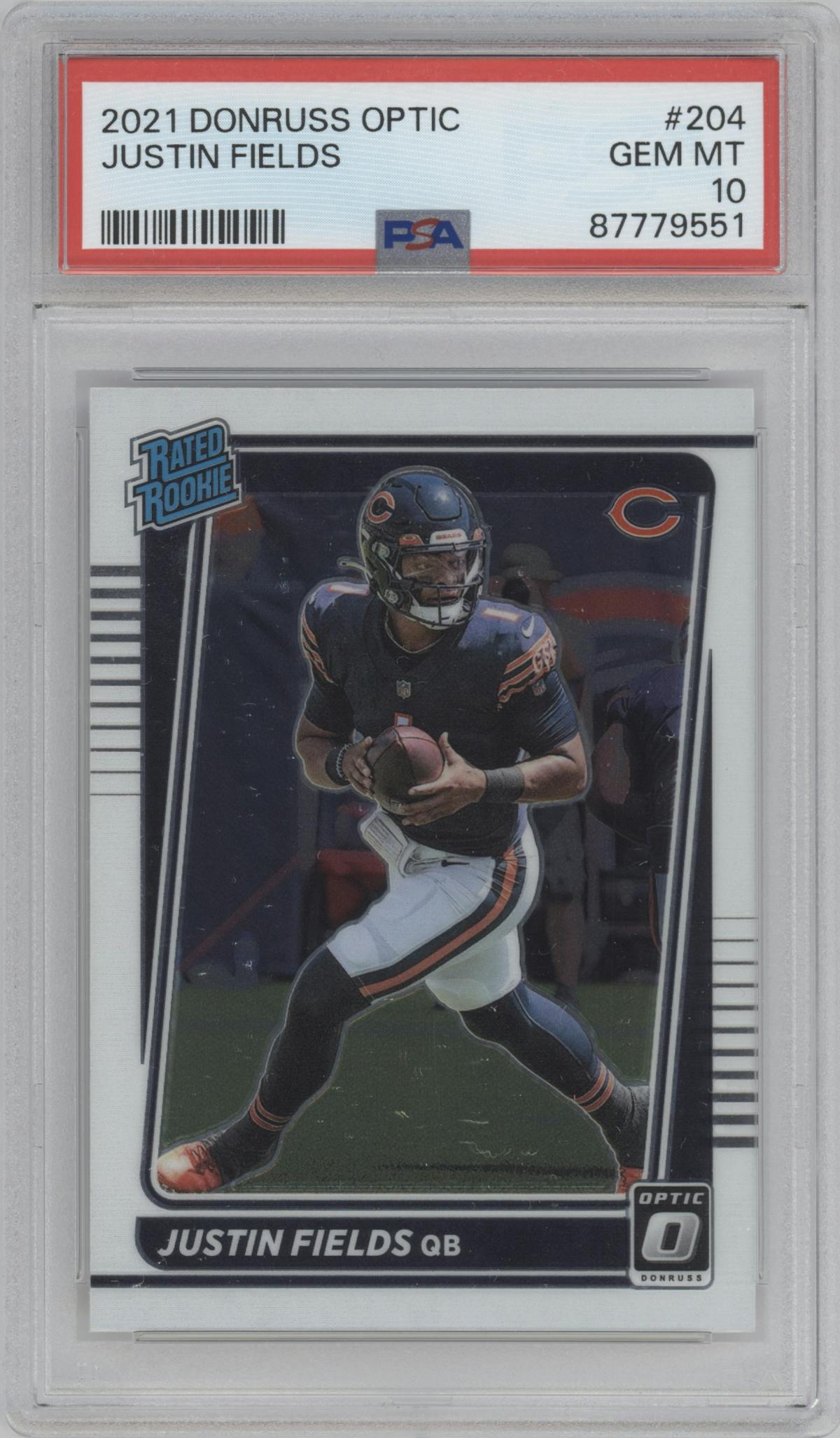 Justin Fields from the 2021 Panini Donruss Optic set graded by PSA and given an overall grade of 10.