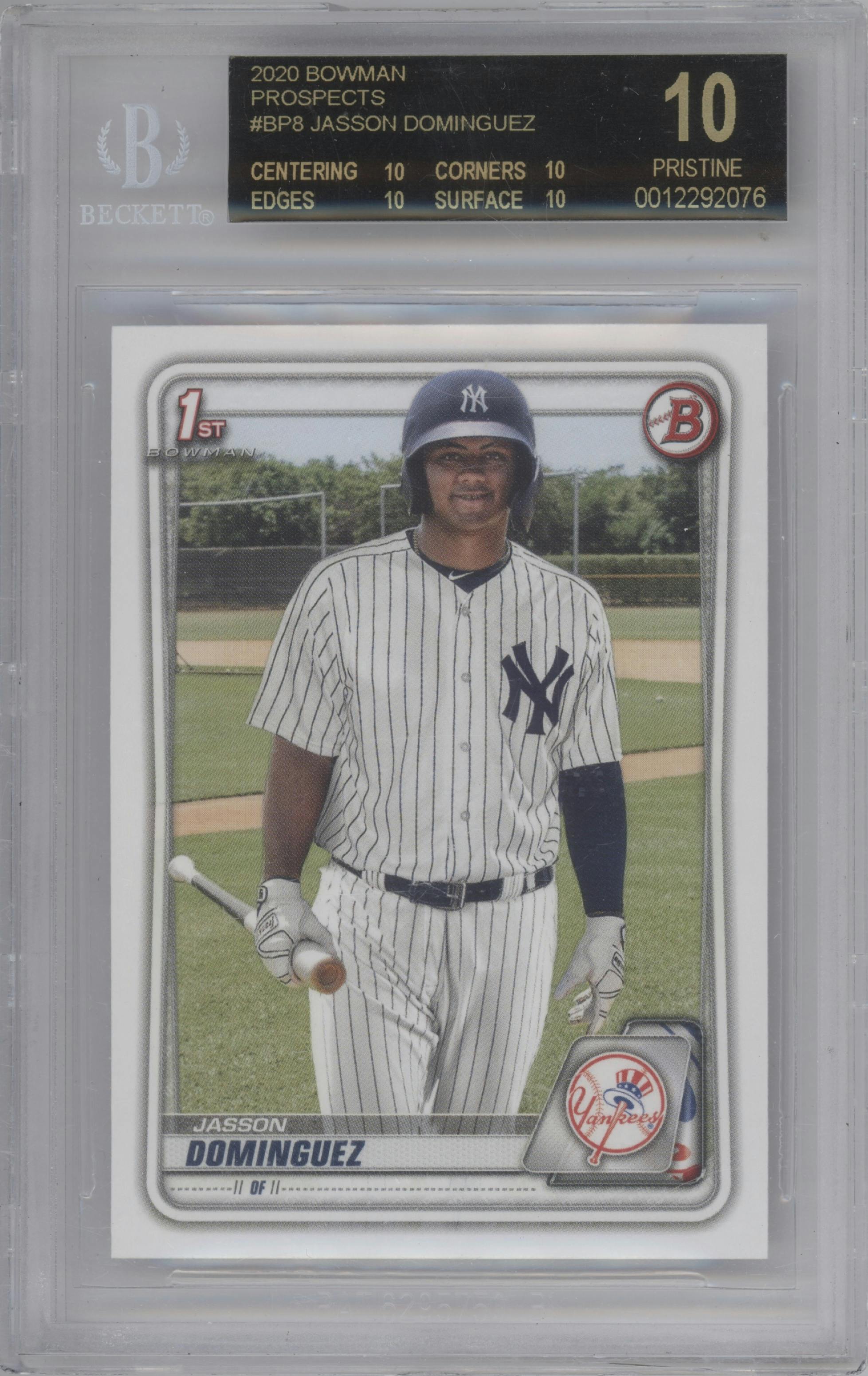 Jasson Dominguez from the 2020 Bowman set graded by Beckett and given an overall grade of 10.