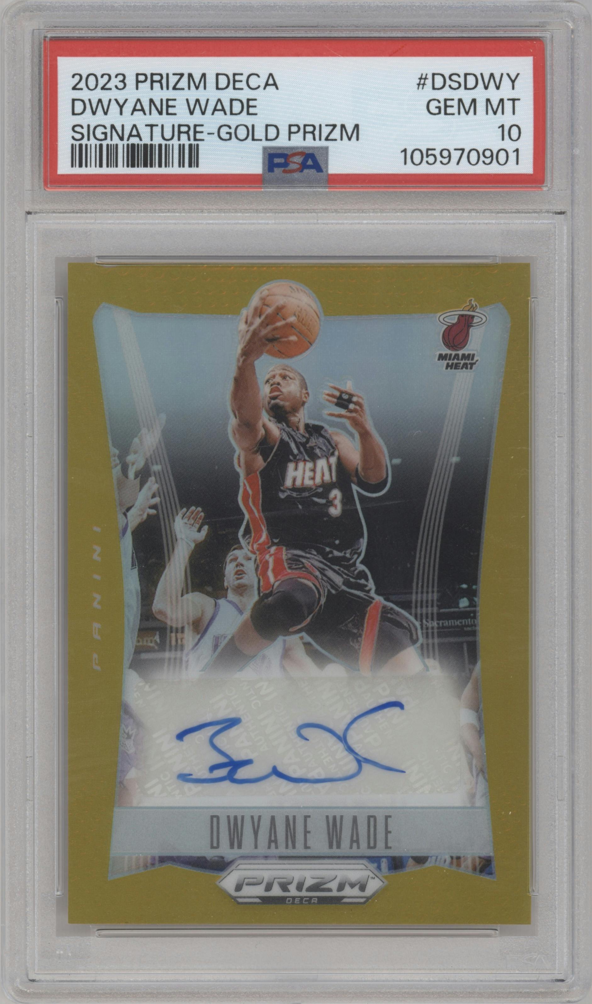 Dwyane Wade from the 2023-24 Panini Prizm Deca set featuring a Gold parallel graded by PSA and given an overall grade of 10.