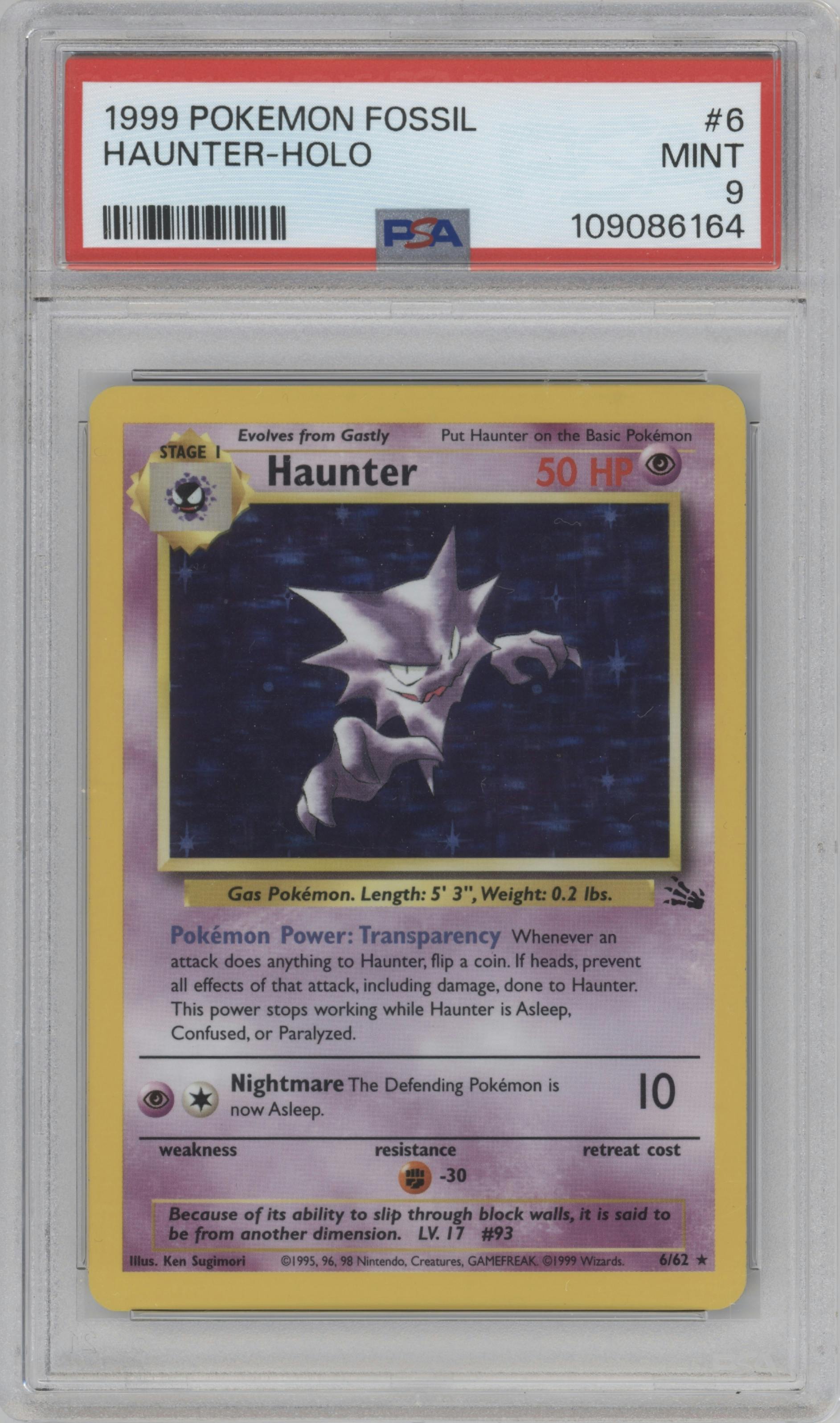 Haunter from the 1999 Pokemon set graded by PSA and given an overall grade of 9.