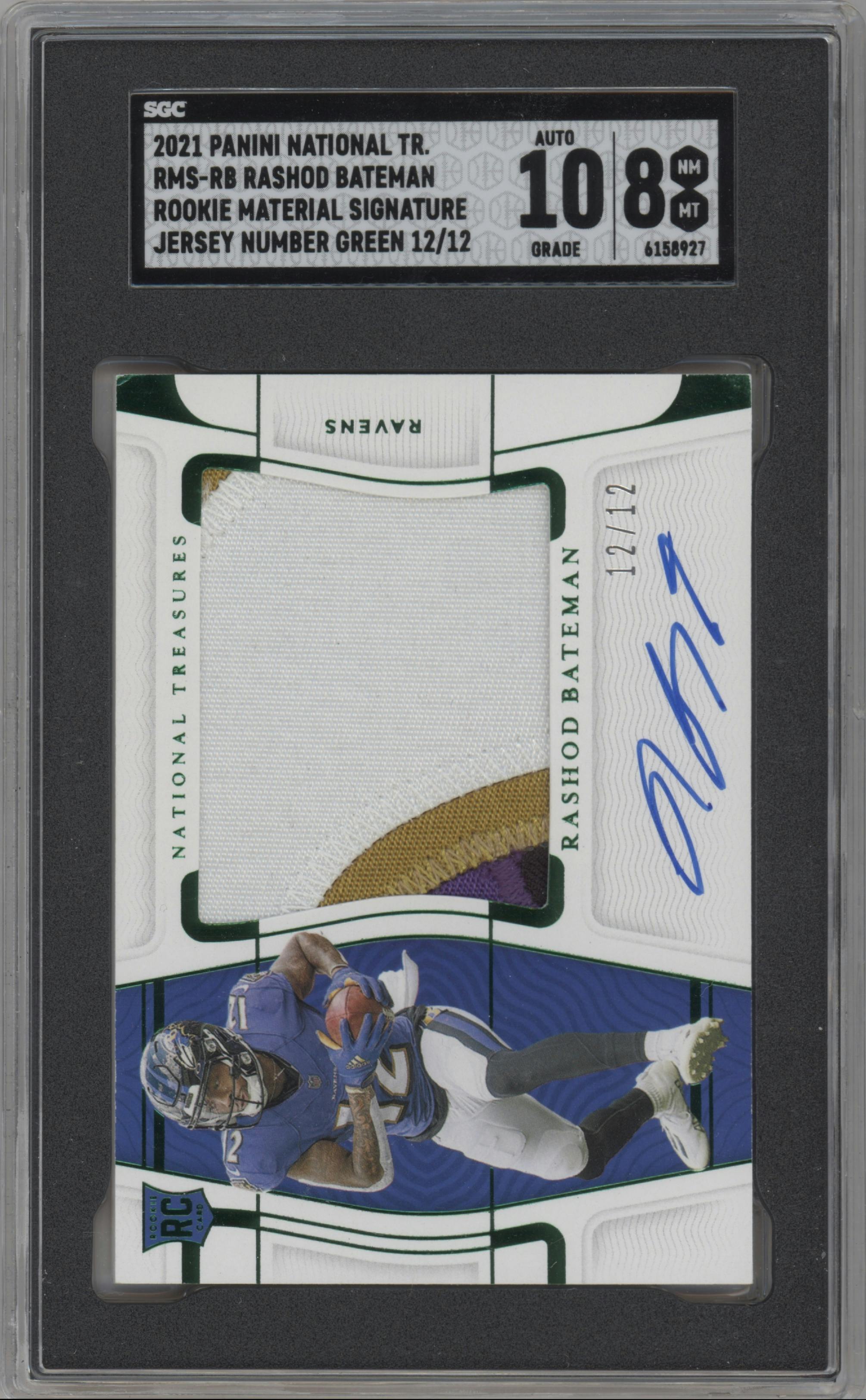 Rashod Bateman from the 2021 Panini National Treasures set featuring a Numbers Green parallel graded by SGC and given an overall grade of 8.